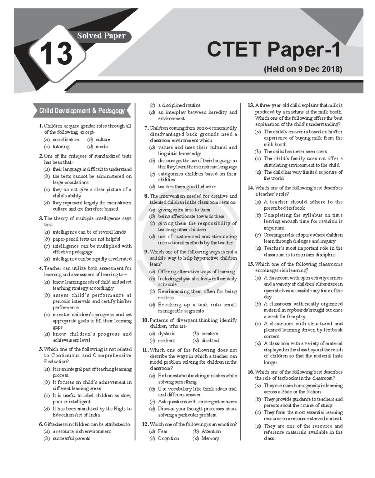 CTET 2018 Solved Paper: Child Development & Pedagogy Insights - Studocu