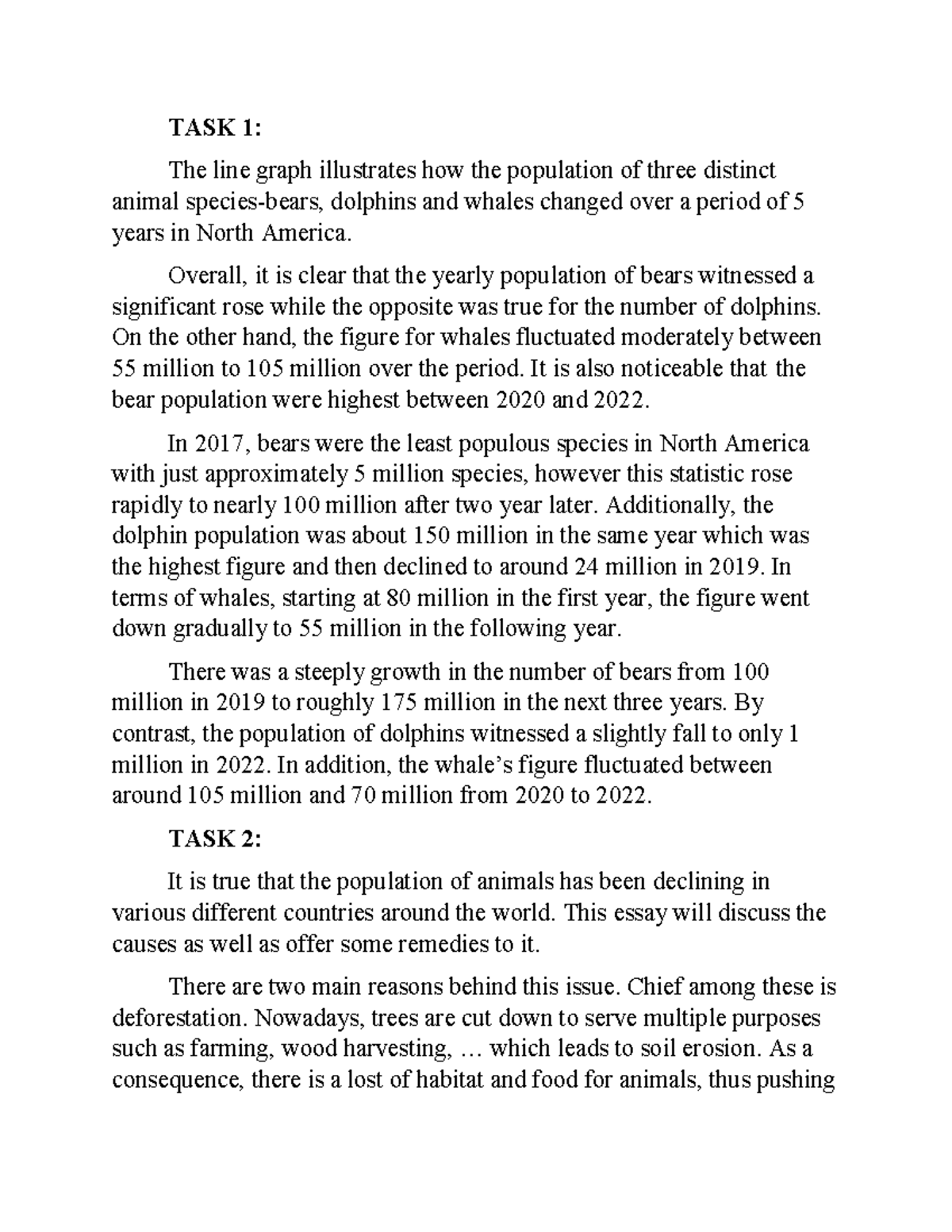 Writing Task 1 & 2 Analysis: Animal Population Changes CA1 - Studocu