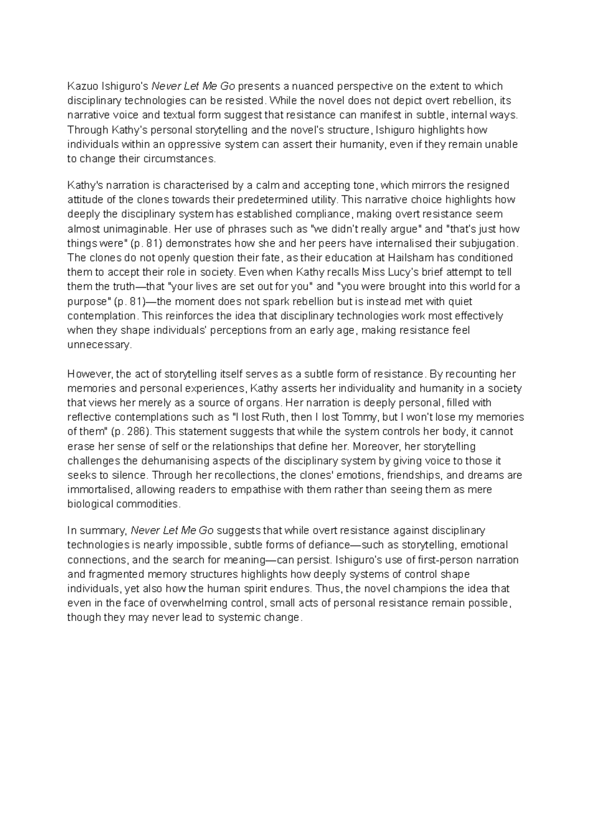 NEVER LET ME GO (ENG 101) Mini Essay on Subtle Resistance - Studocu
