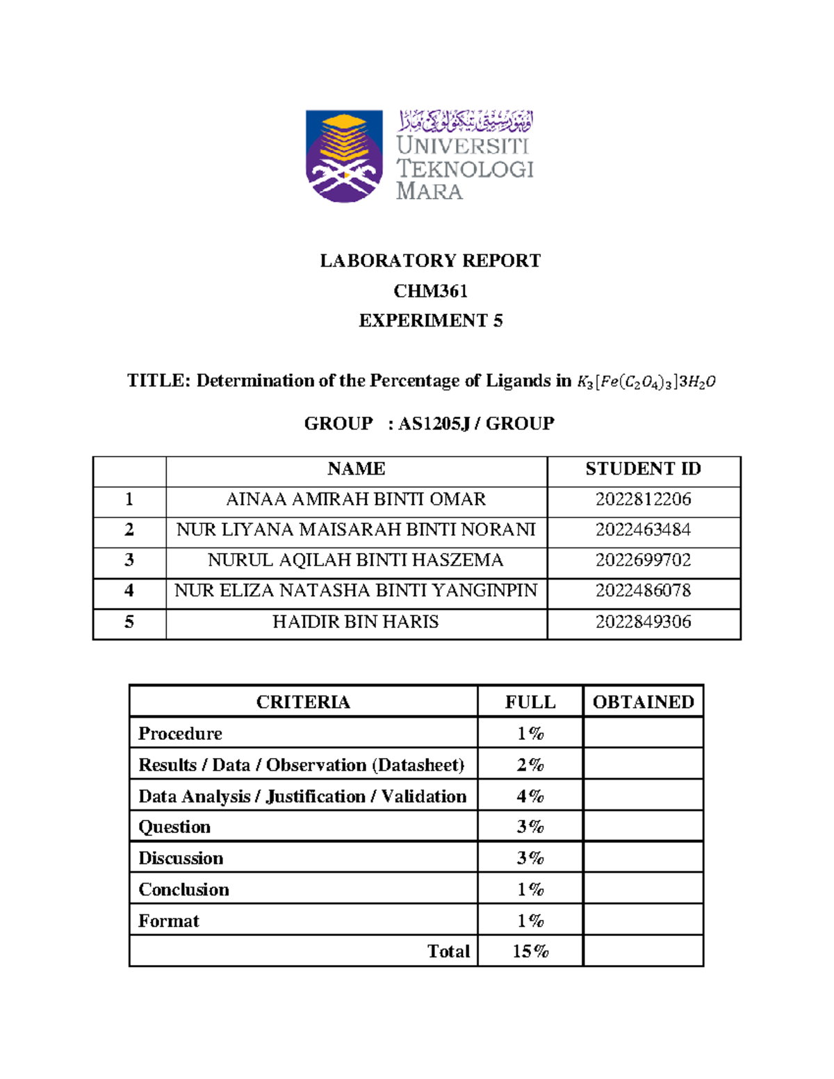LAB Report: Percentage of Ligands in K3[Fe(C2O4)3]·3H2O - CHM361 EXP 5 ...