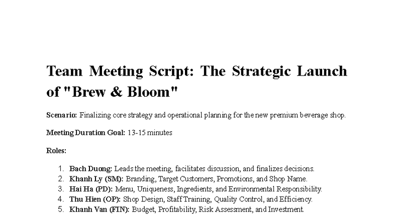 Team Meeting Script: Strategic Launch of Brew Bloom (EAB231) - Studocu
