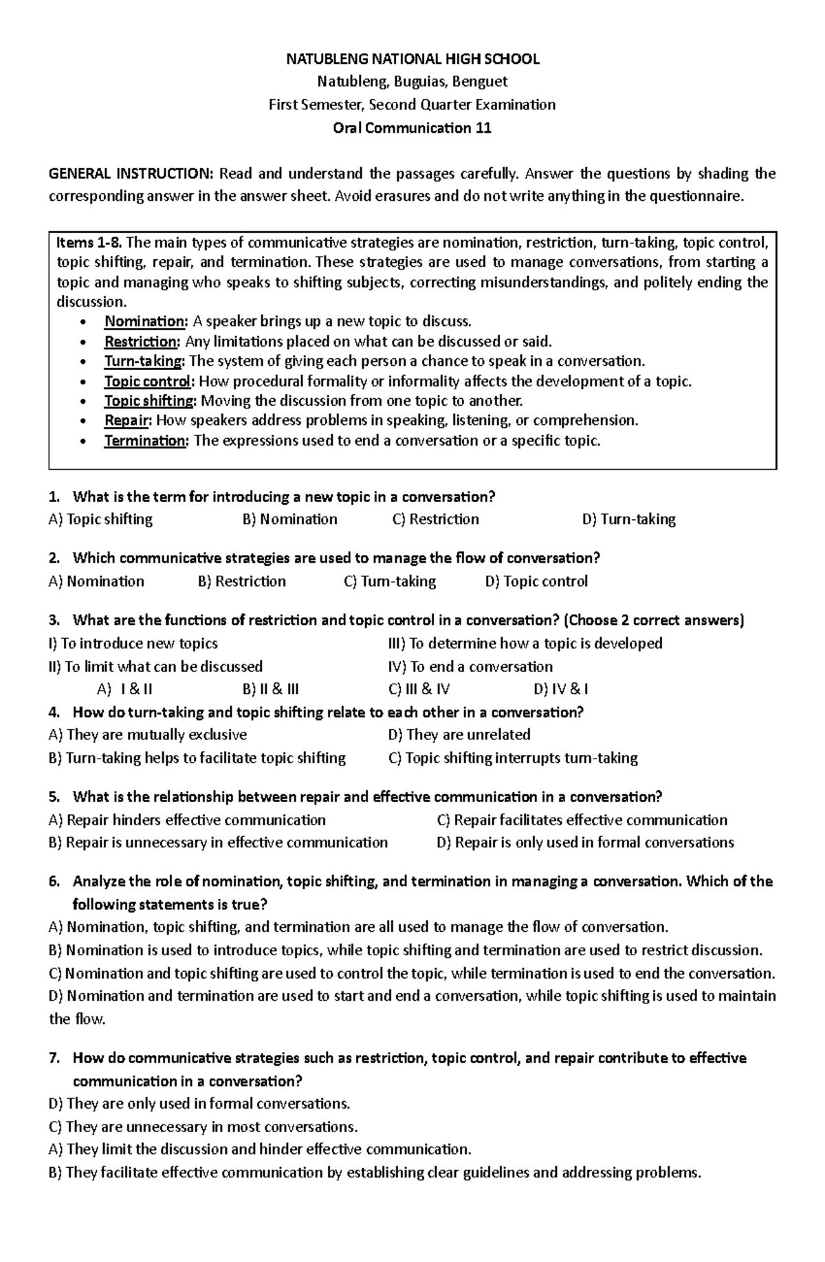 OCC 11 Oral Communication First Semester Exam Reviewer - Studocu