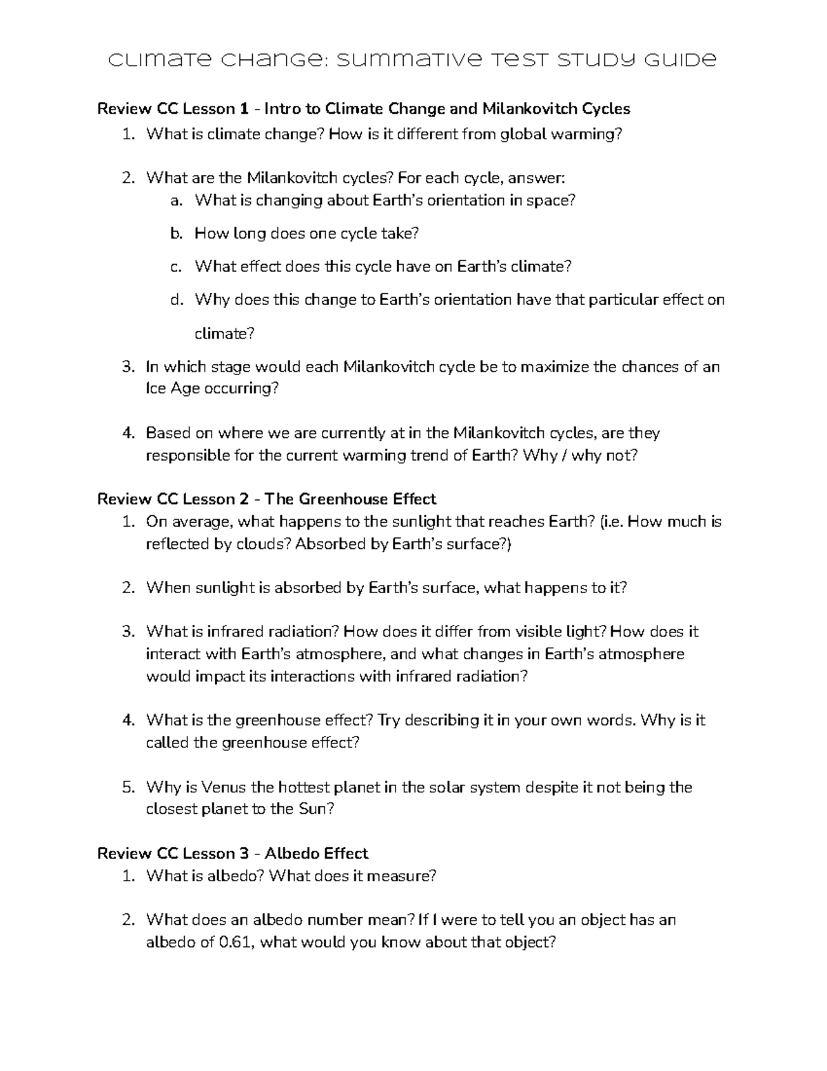 Climate Change: Unit 5 Summative Test Study Guide - Climate Change ...