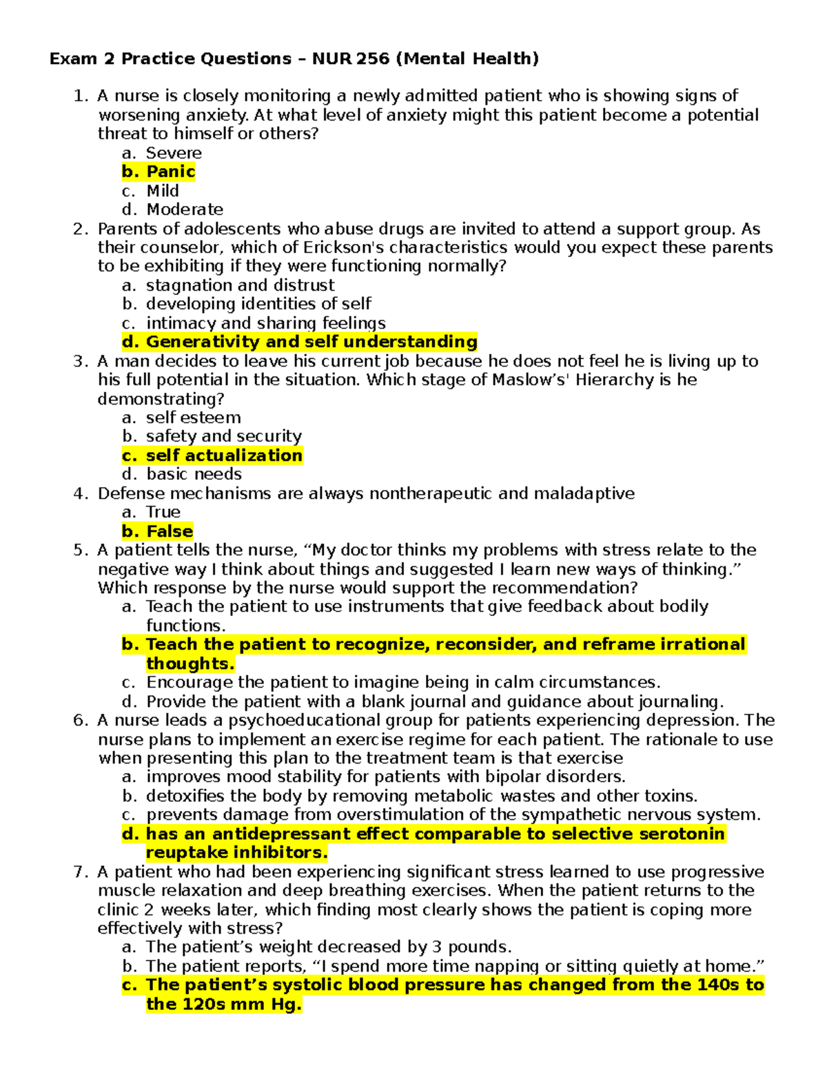 Exam 2 Practice Questions for NUR 256: Mental Health Insights - Studocu