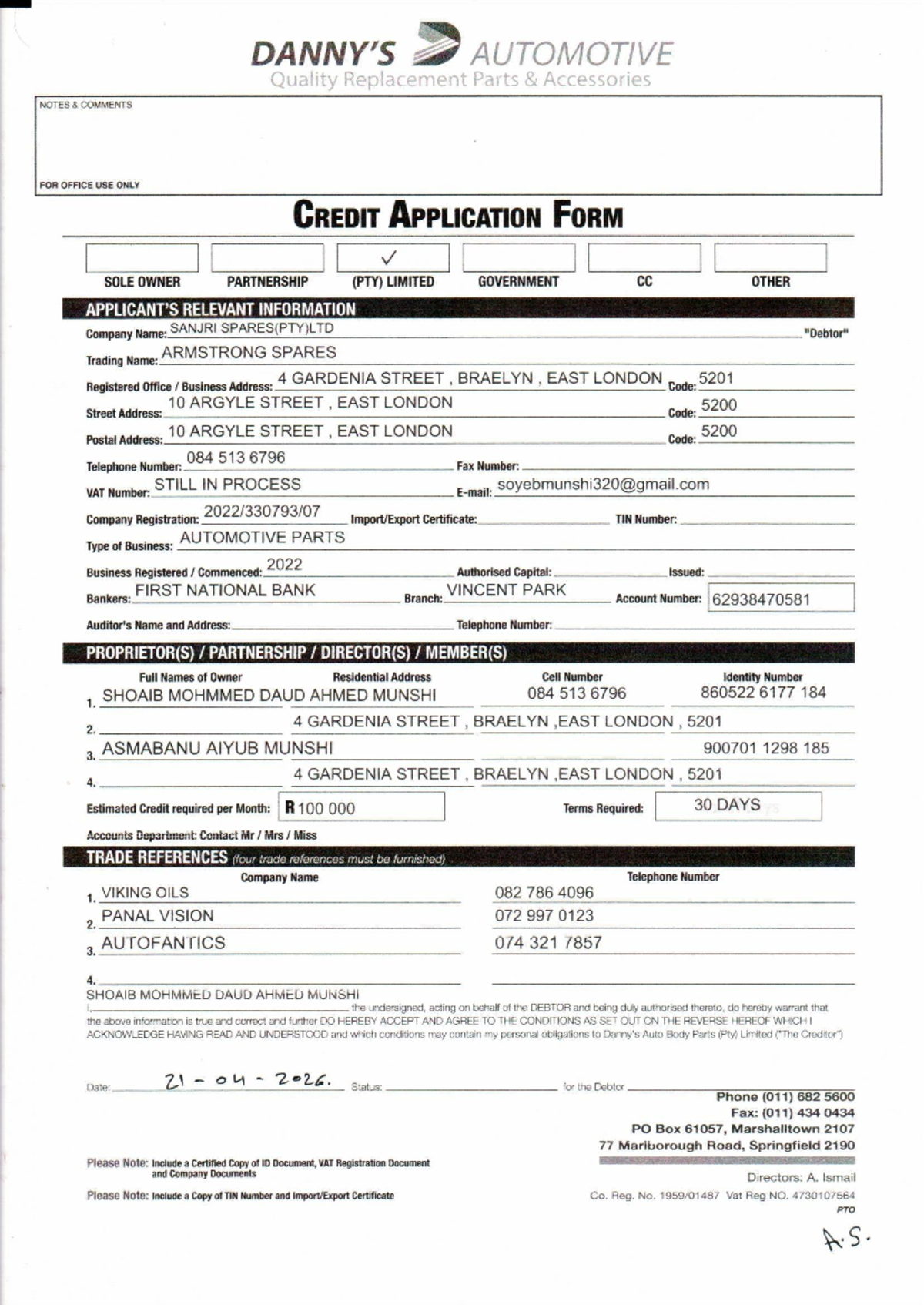Automotive Application Form for Sole Owner Partnership (PTY) Limited ...