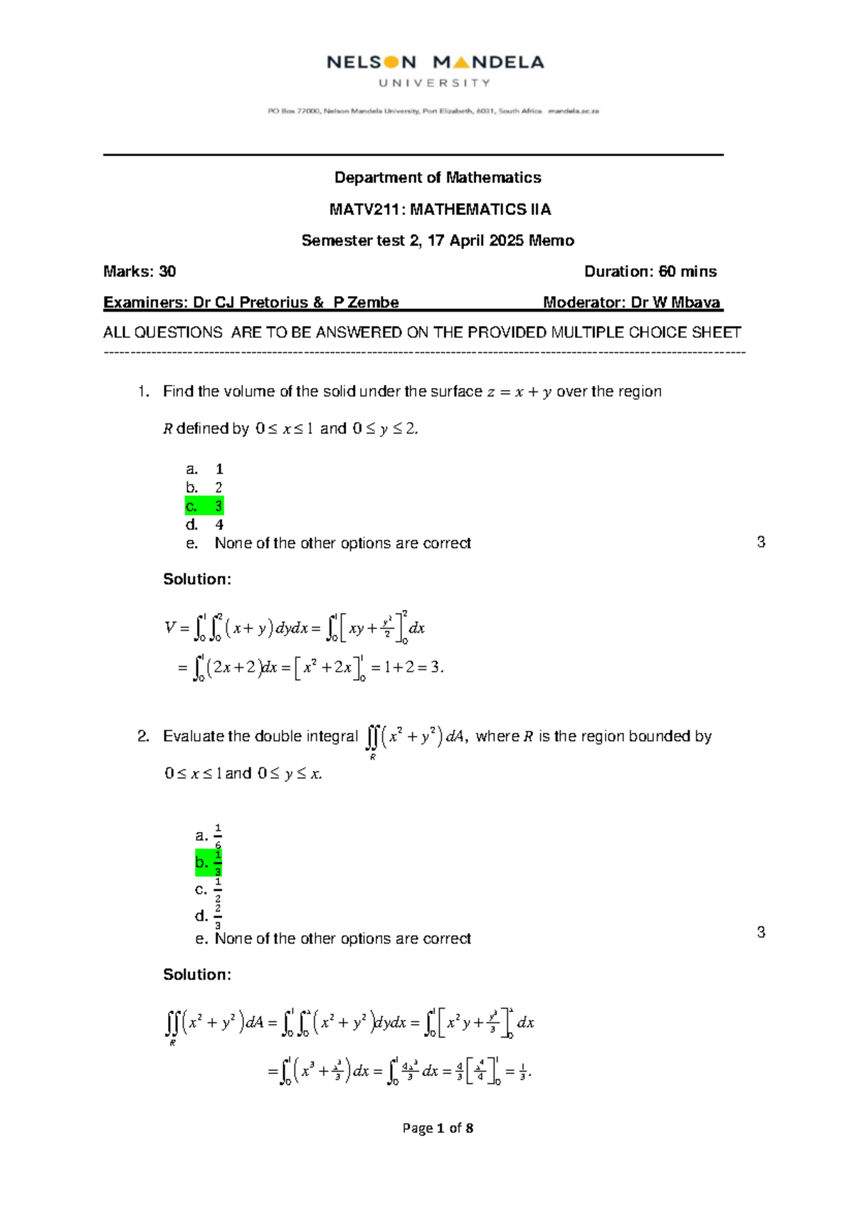 MATV211: Mathematics IIA Semester Test 2 Memo - April 2025 - Studocu
