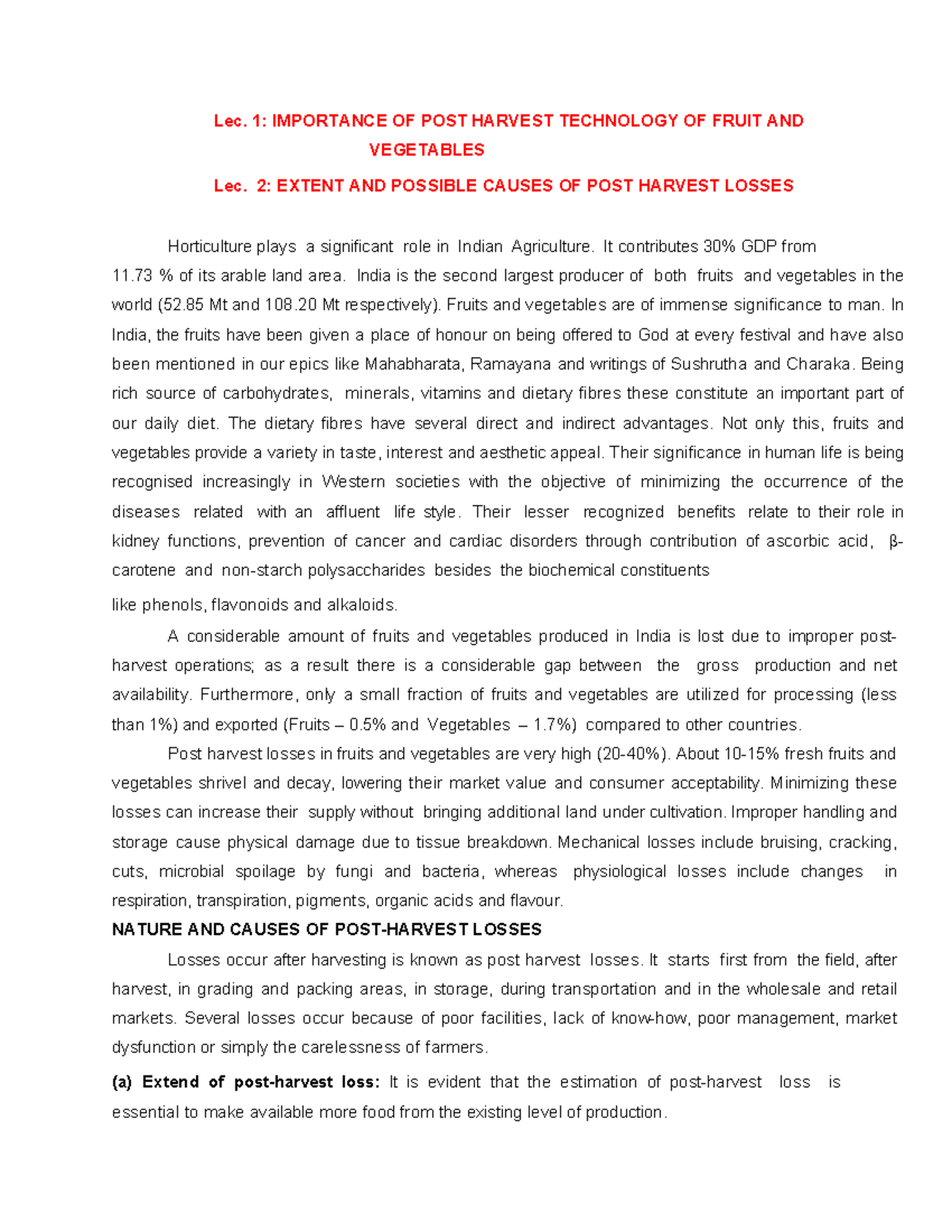 Lecture 1 and 2 - Lec. 1: IMPORTANCE OF POST HARVEST TECHNOLOGY OF ...