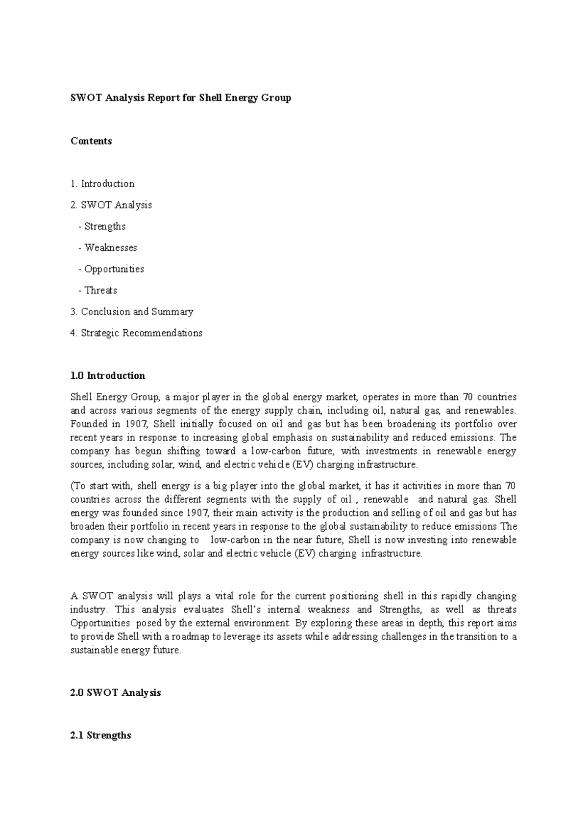 SWOT Analysis Report for Shell Energy Group - SWOT Analysis Report for ...