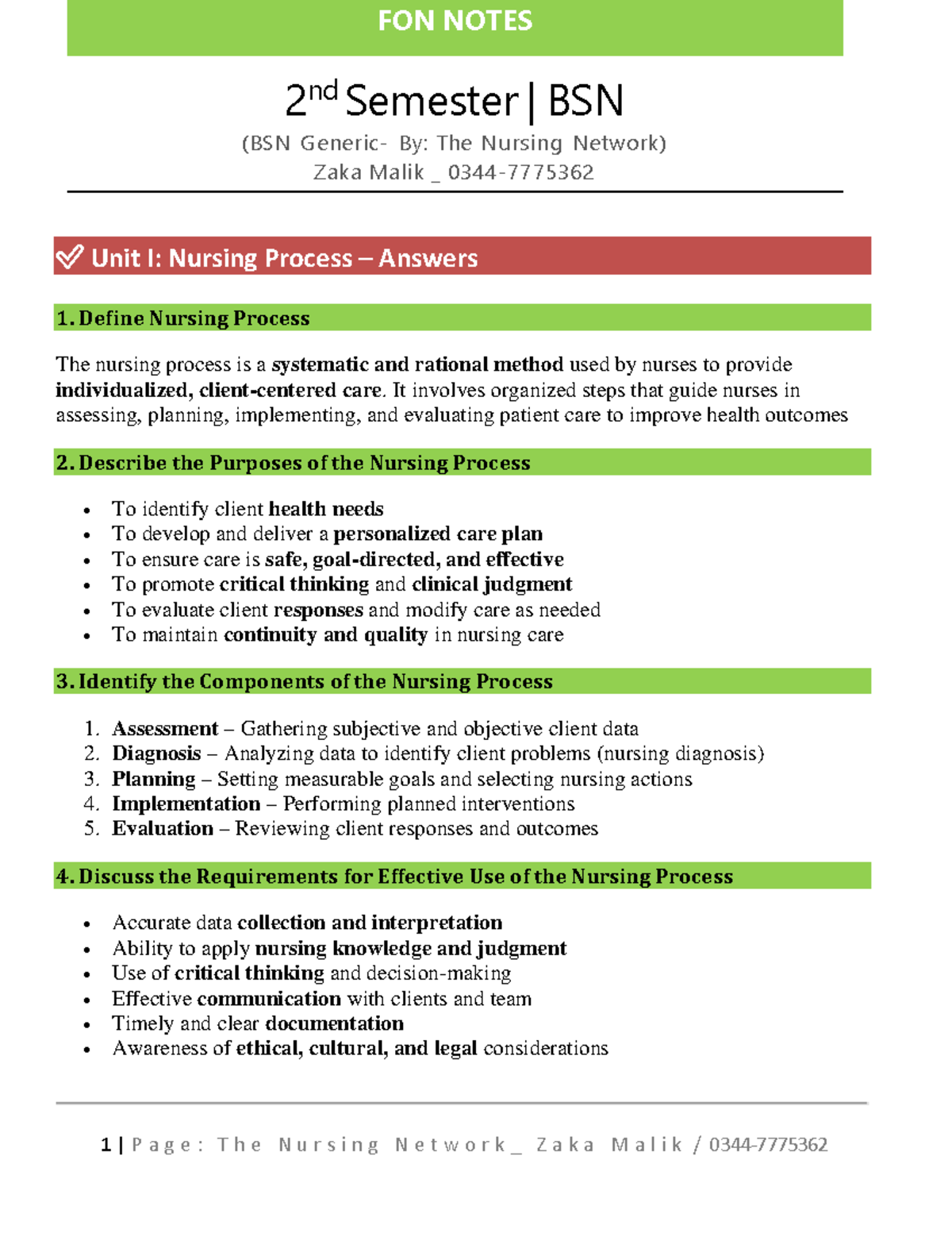 FON 2nd Sem Nursing Process Notes by Zaka Malik - Studocu