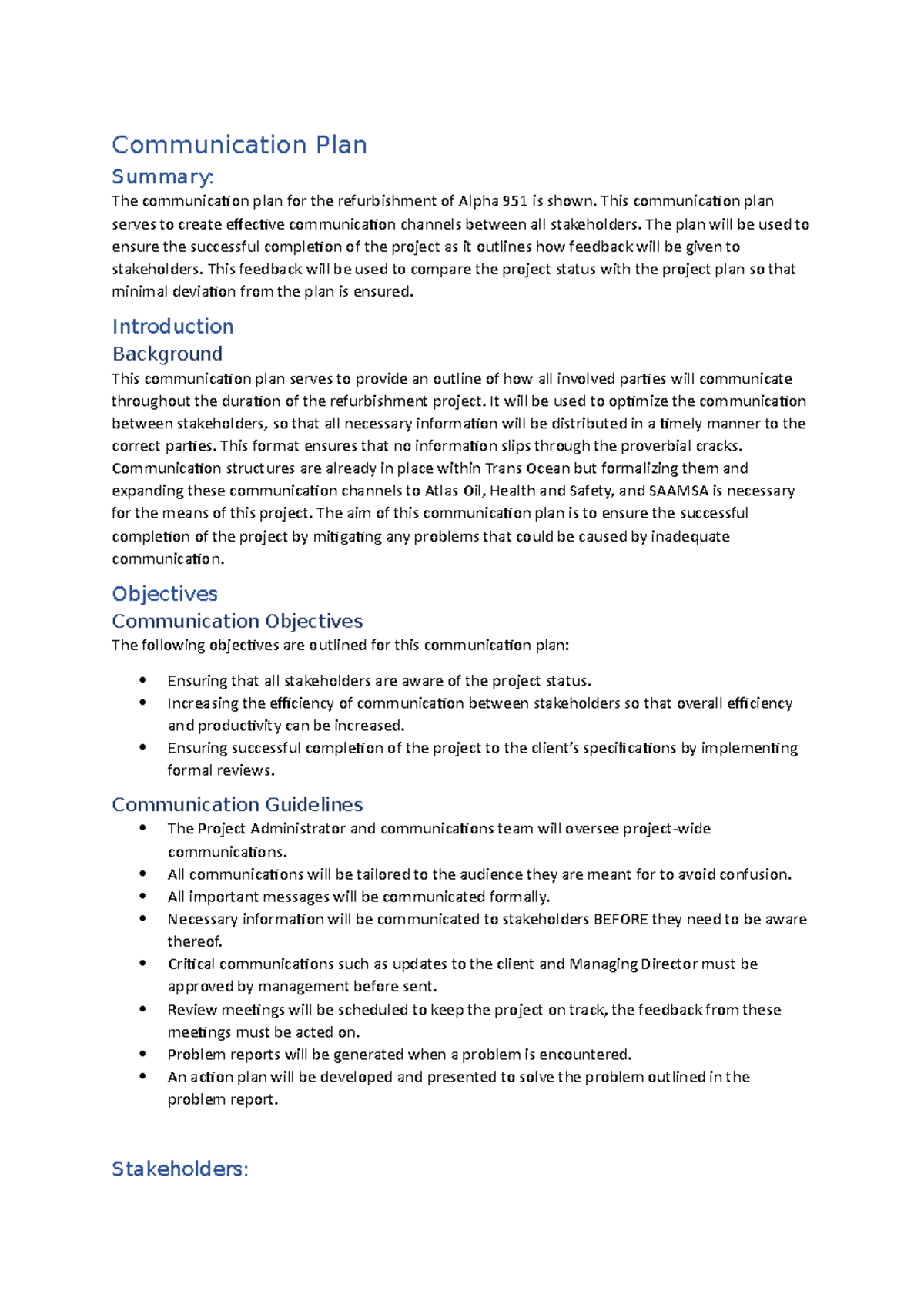 Communication Plan for Alpha 951 Refurbishment Project - Studocu