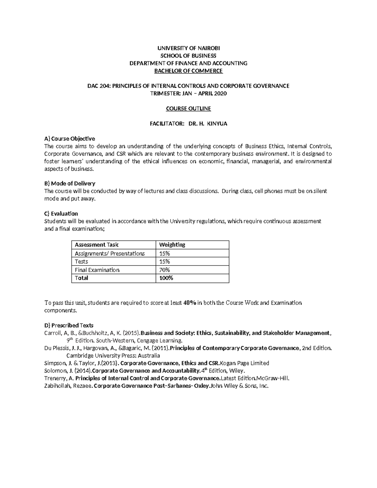 DAC 204: Principles of Internal Controls & Corporate Governance Course ...