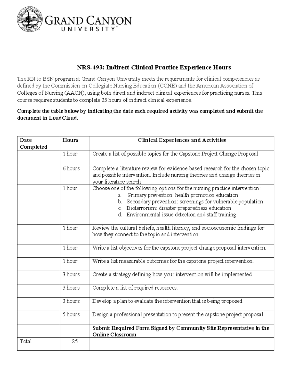 NRS-493 Indirect Clinical Practice Experience Hours Documentation - Studocu