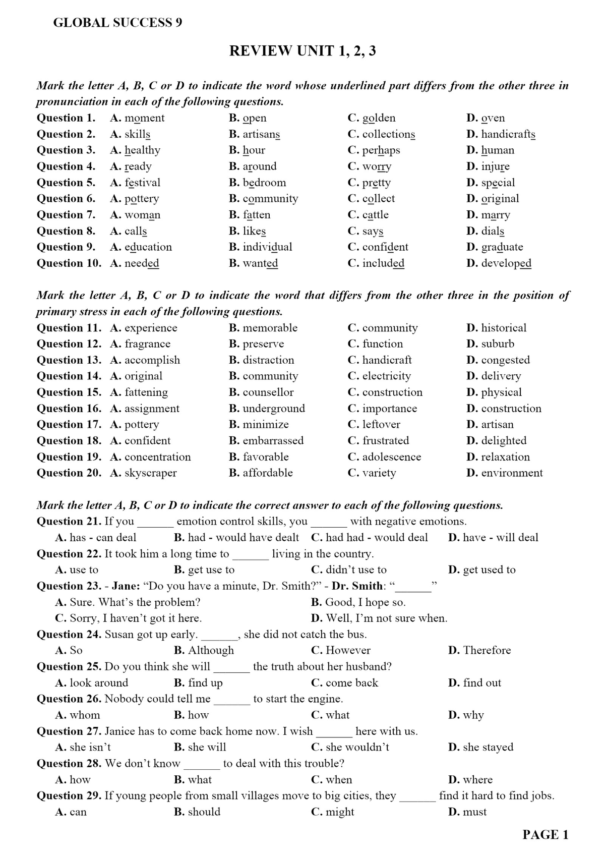 GLOBAL SUCCESS 9 REVIEW: UNITS 1, 2, 3 Practice Questions - Studocu