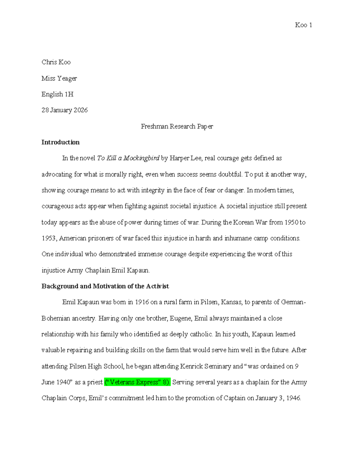 English 1H Freshman Research Paper: Courage of Emil Kapaun in Korean ...