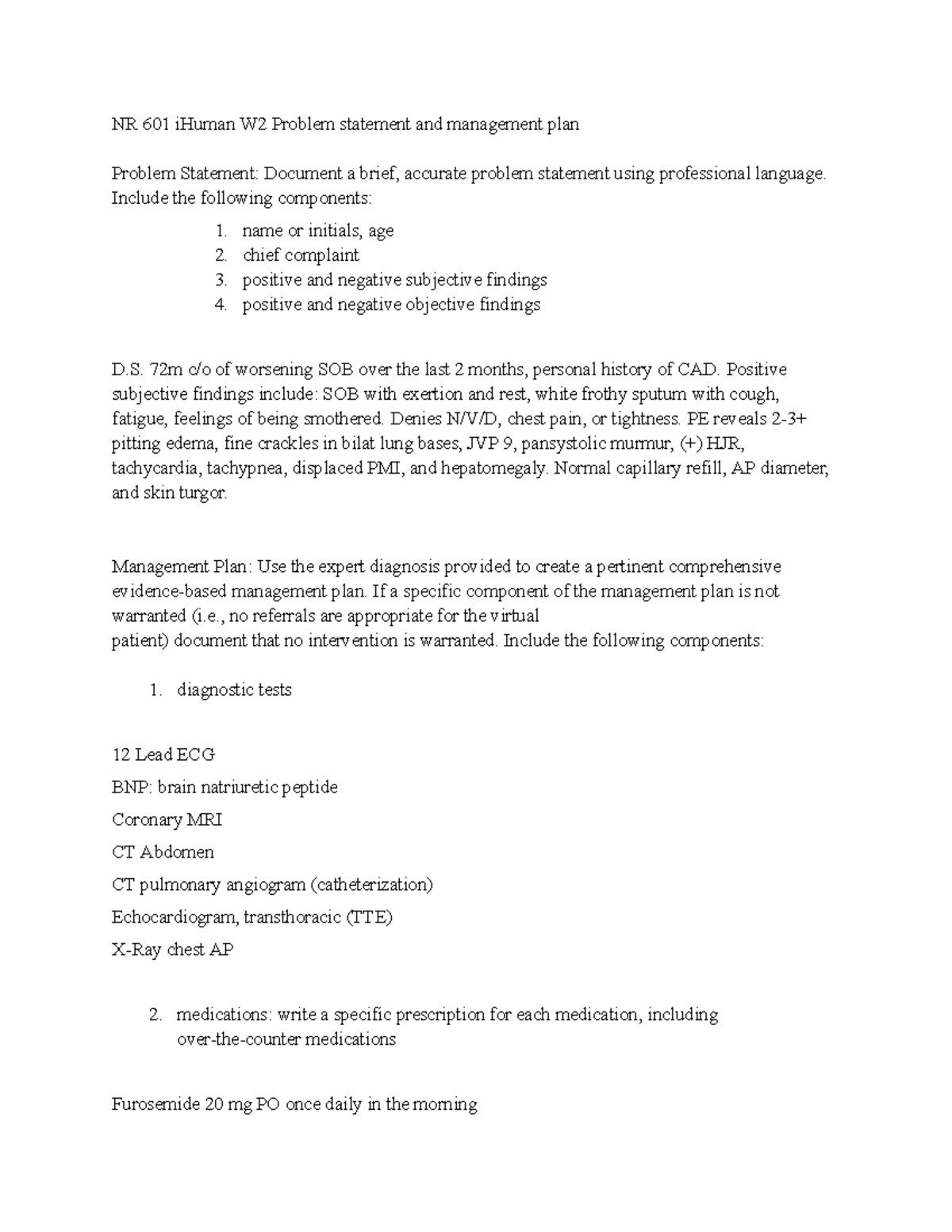 NR 601 iHuman W2: CHF Management Plan & Reflective Analysis - Studocu