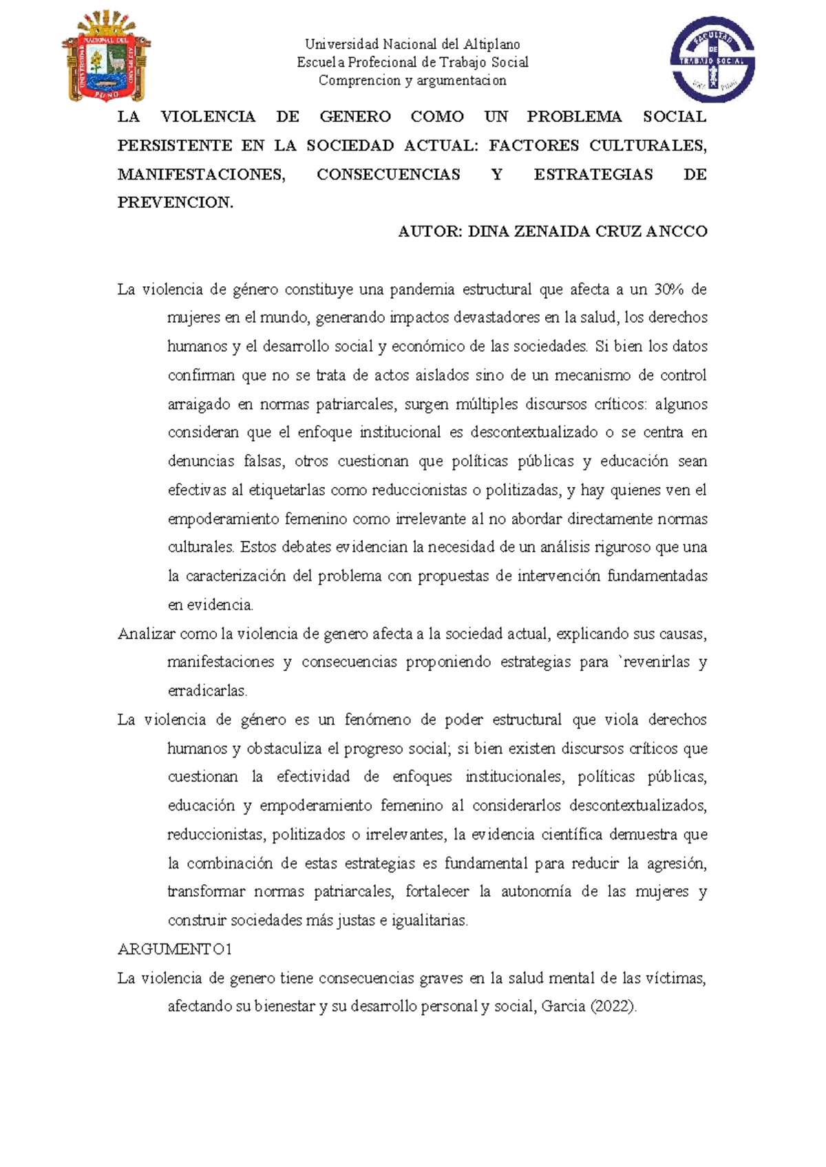 LA VIOLENCIA DE GÉNERO: UN ANÁLISIS SOCIAL Y ESTRATÉGICO (TRABAJO ...