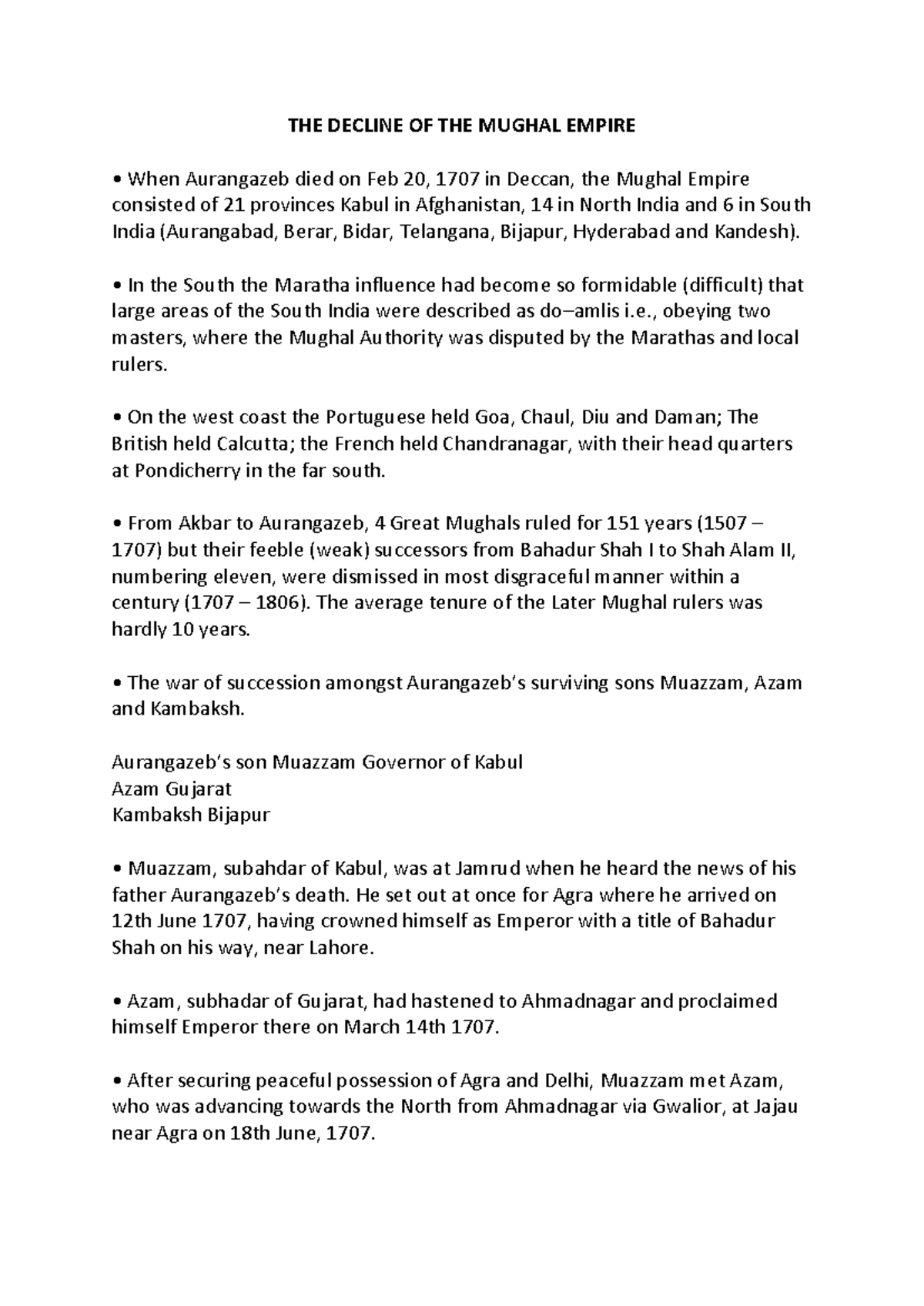 Later Mughals: Decline of the Mughal Empire (1707-1857) Analysis - Studocu