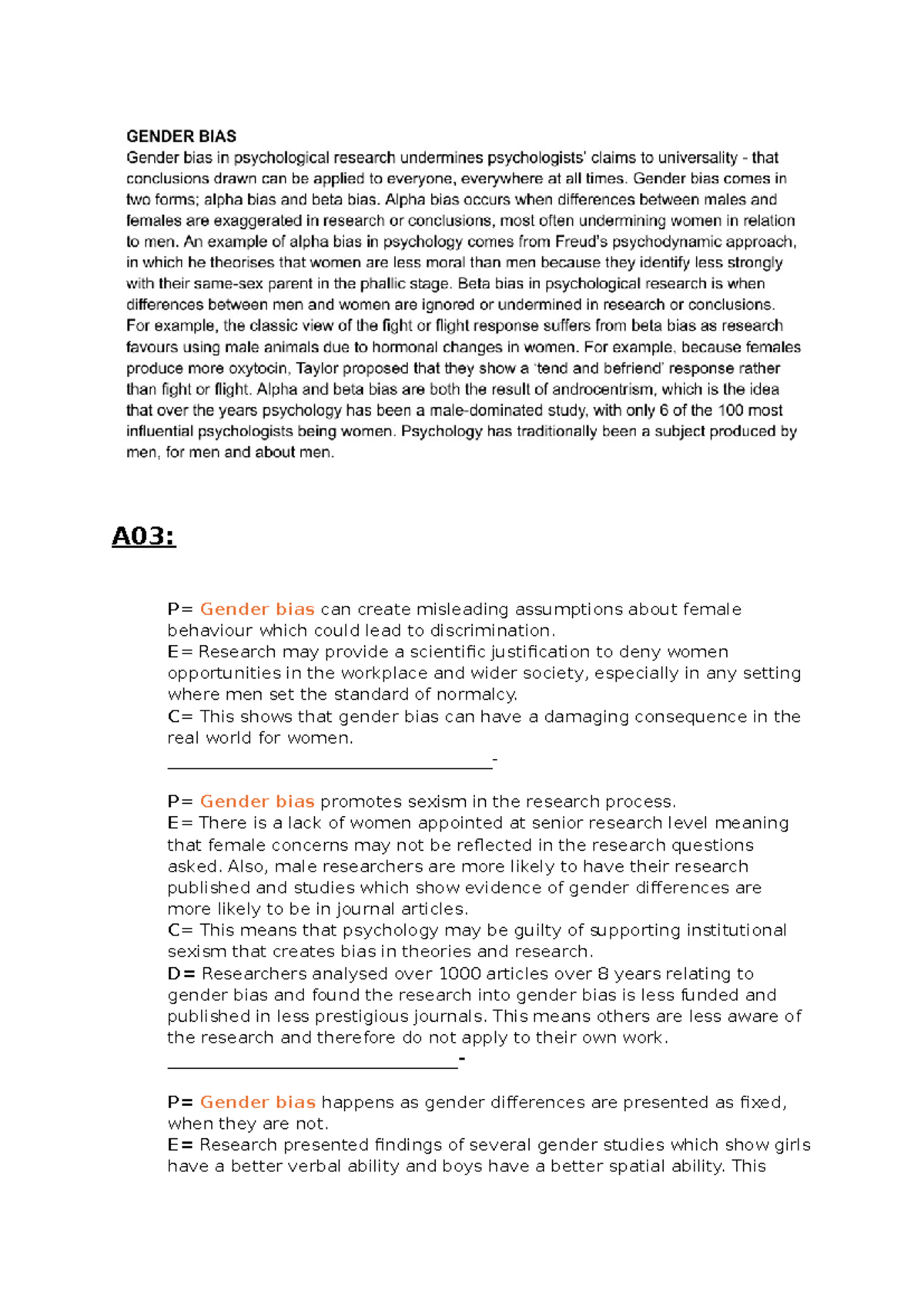 A03: Gender Bias and Cultural Bias in Psychological Research - AO1 ...