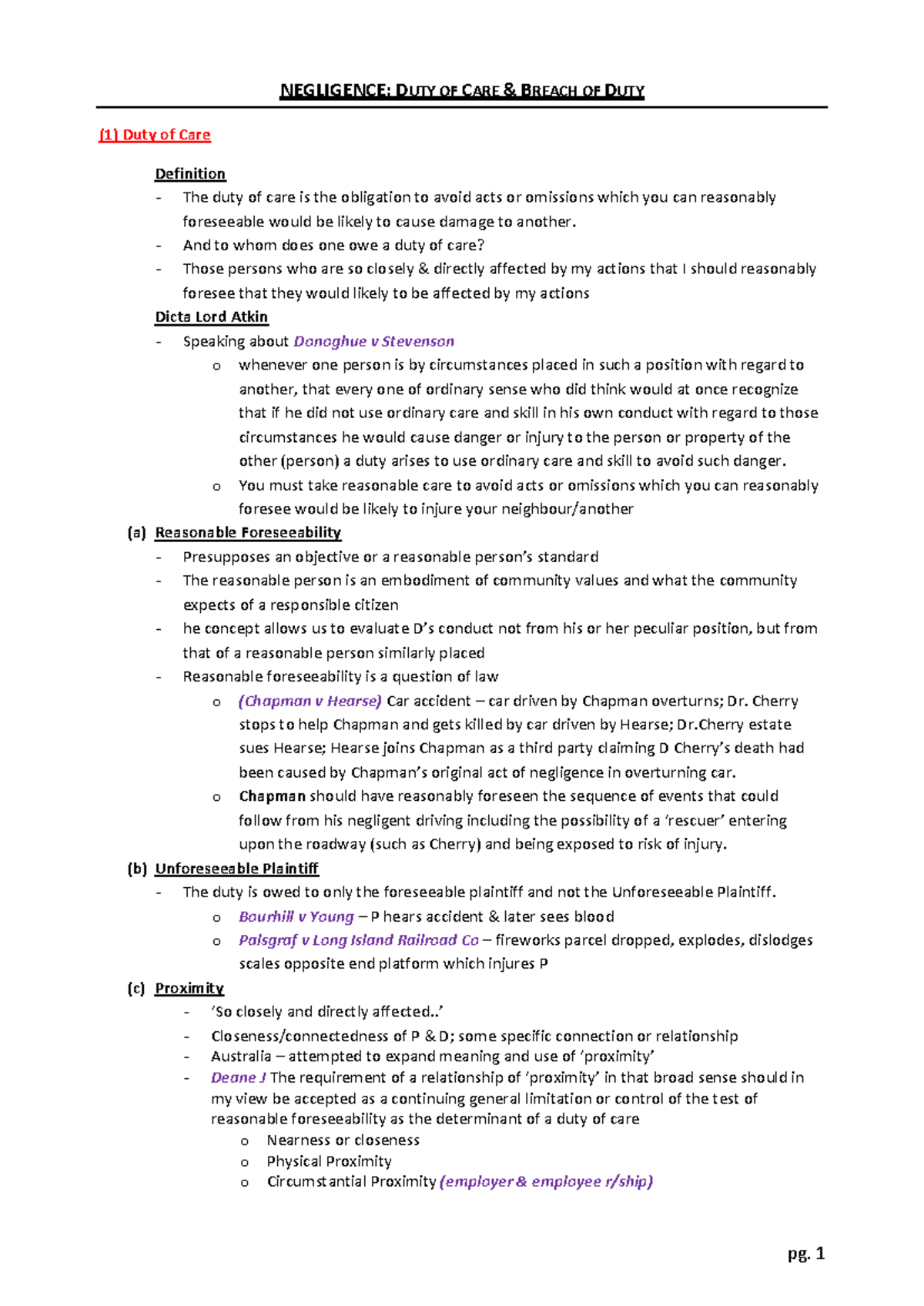 Torts (LAW101) Summary: Key Notes on Negligence Principles and Cases ...