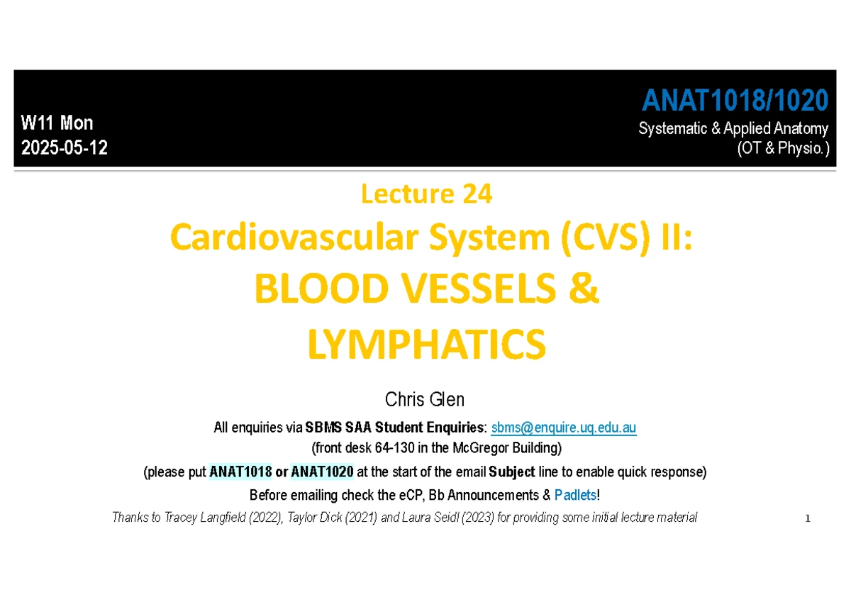 ANAT1018/1020: Lecture 23 - Overview of the Cardiovascular System (CVS ...