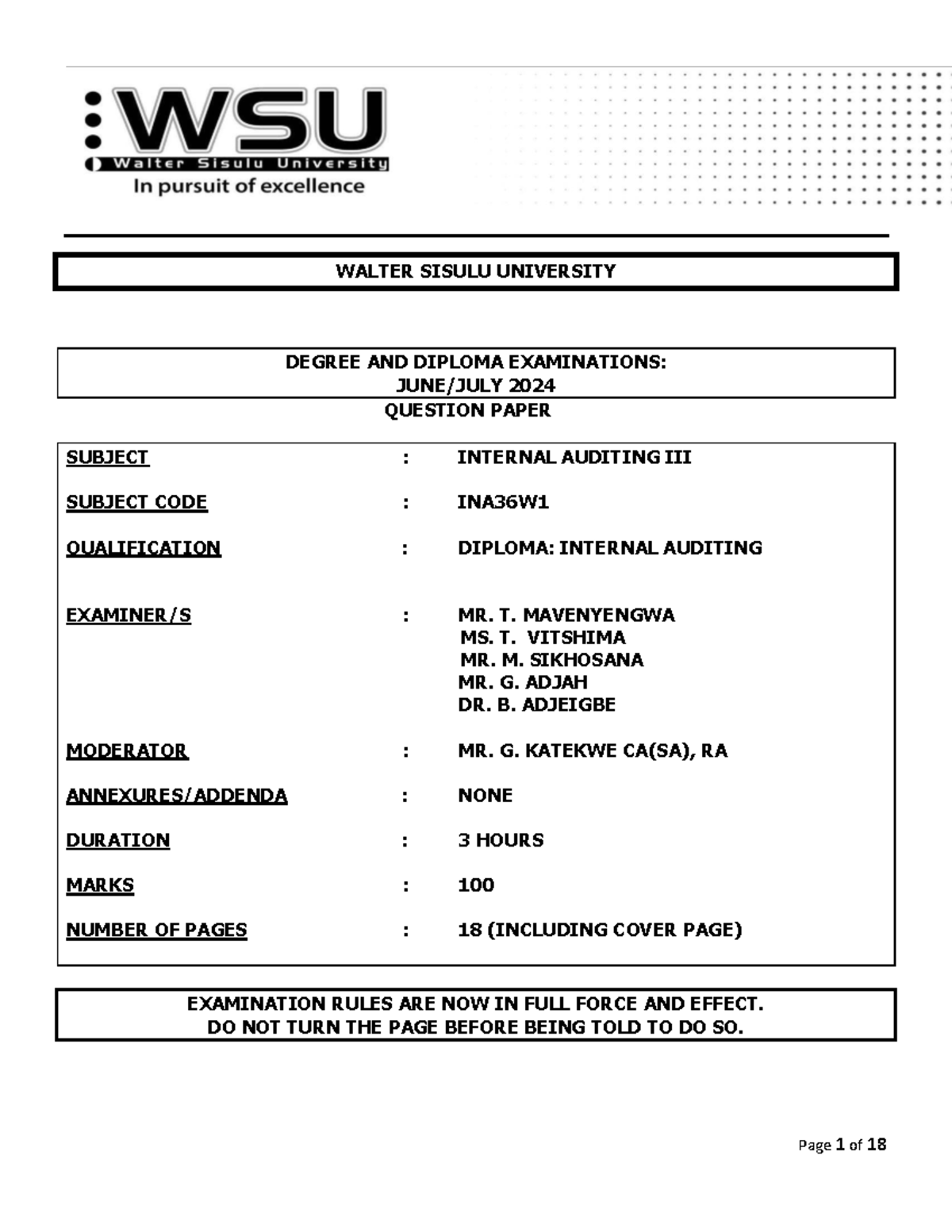2024 INA36W1 Internal Auditing Final Exam Question Paper - Studocu