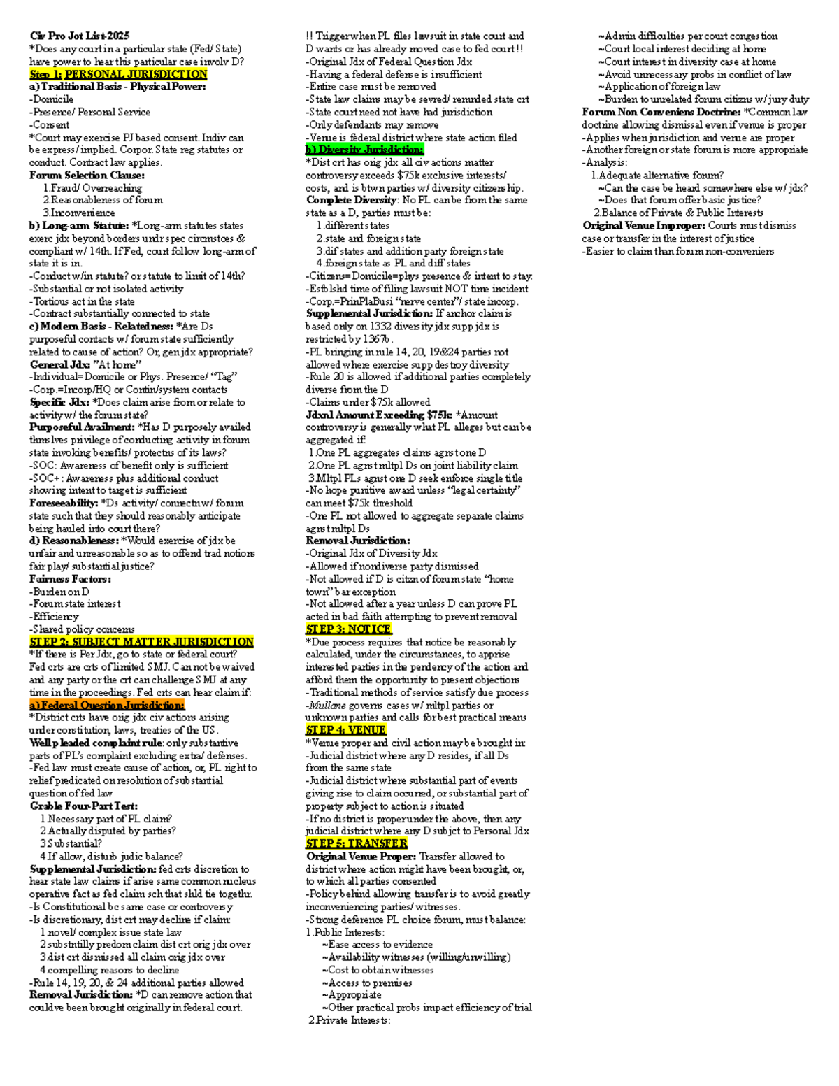 Civ Pro I Jot List: Quick Reference for Exam Questions - Studocu