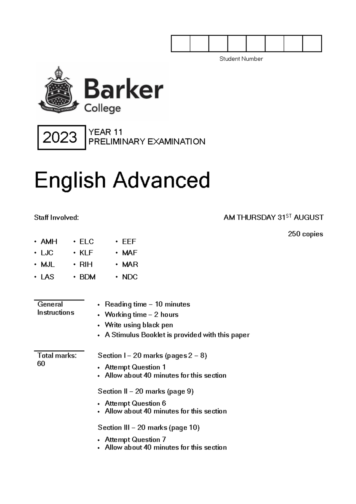 Year 11 English Adv 2023 Preliminary Exam Paper - Studocu