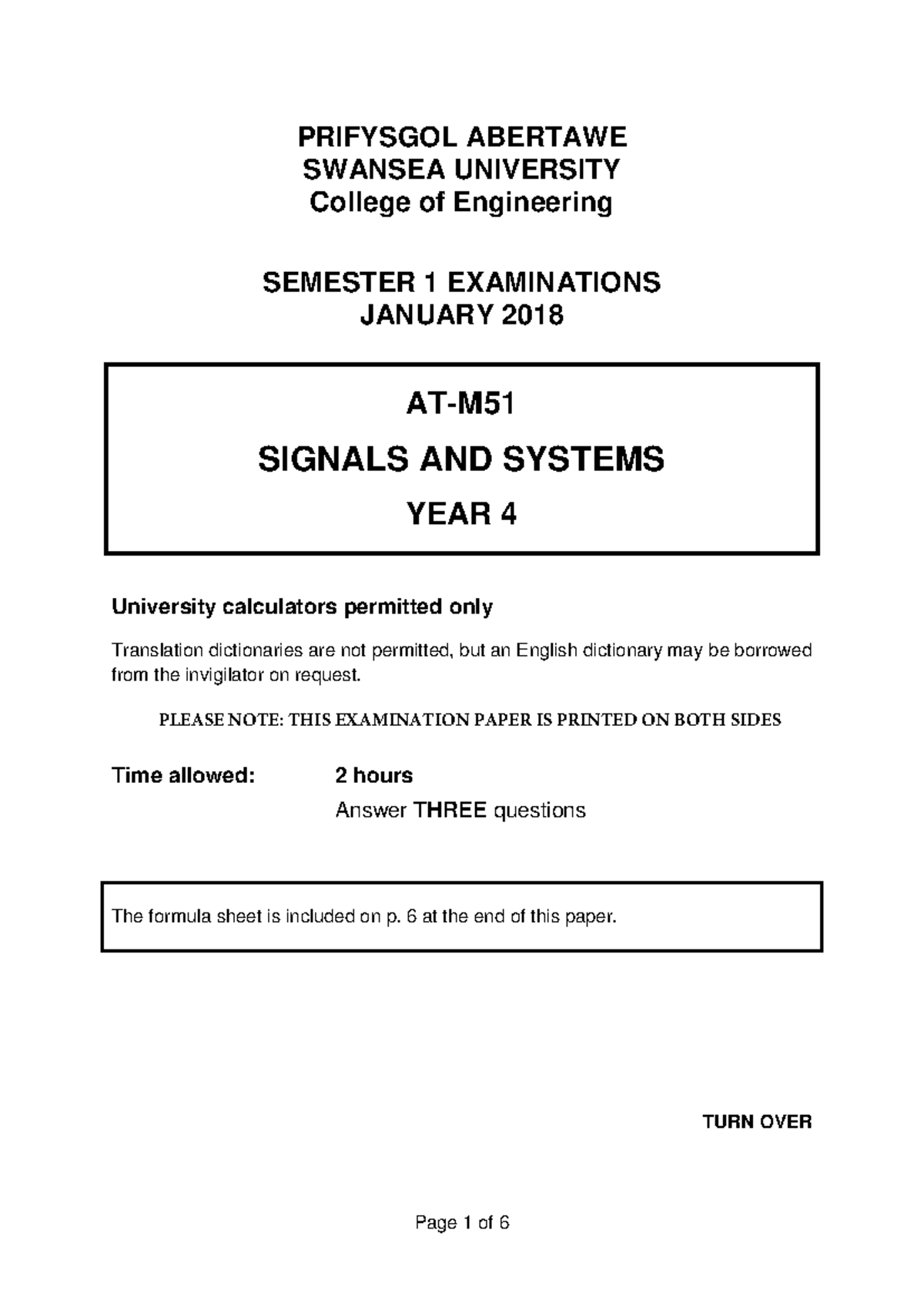 AT-M51 Signals and Systems Final Exam Paper 2017-2018 - Studocu