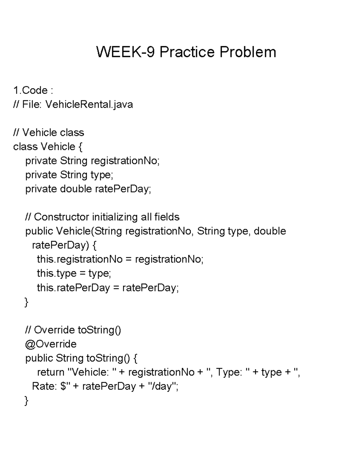 WEEK-9 Practice Problem: VehicleRental.java Code Analysis - Studocu