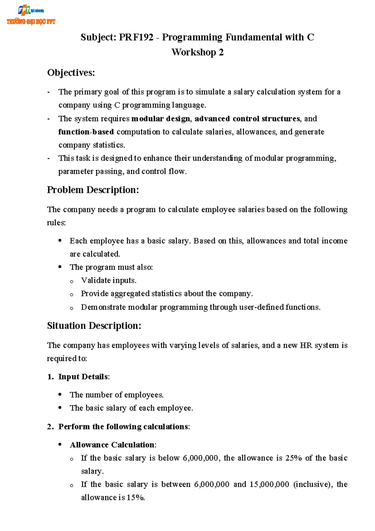 PRF192 Workshop 2: Salary Calculation System in C Programming - Studocu