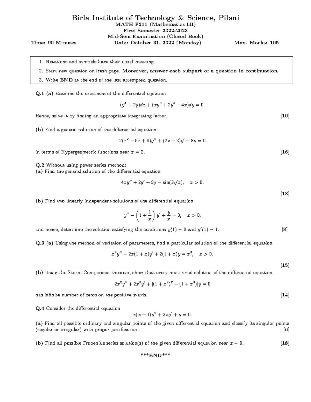 Midsem 22 - Birla Institute of Technology & Science, Pilani MATH F211 ...