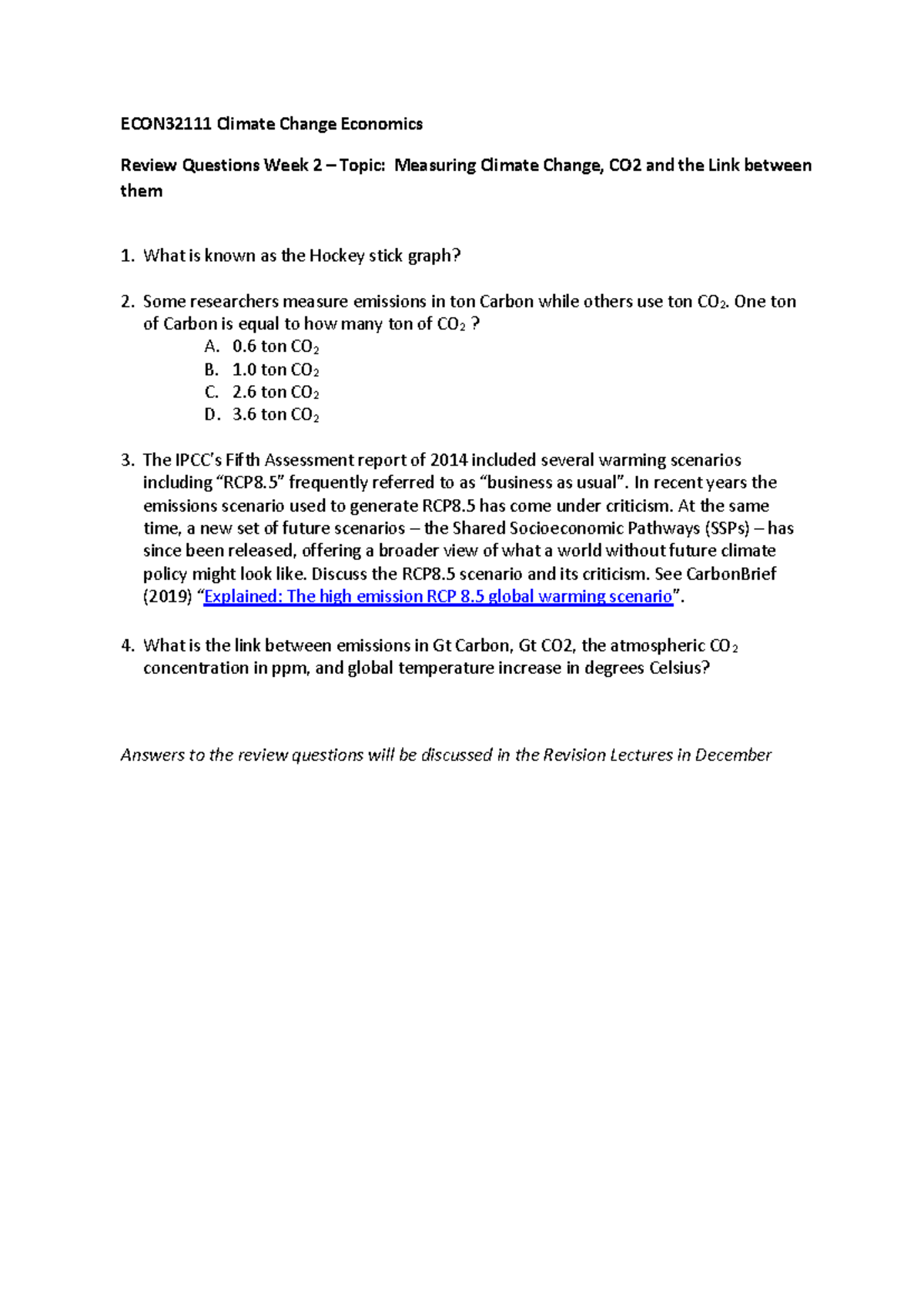 ECON32111 Week 2 Review Questions: Climate Change Economics - Studocu