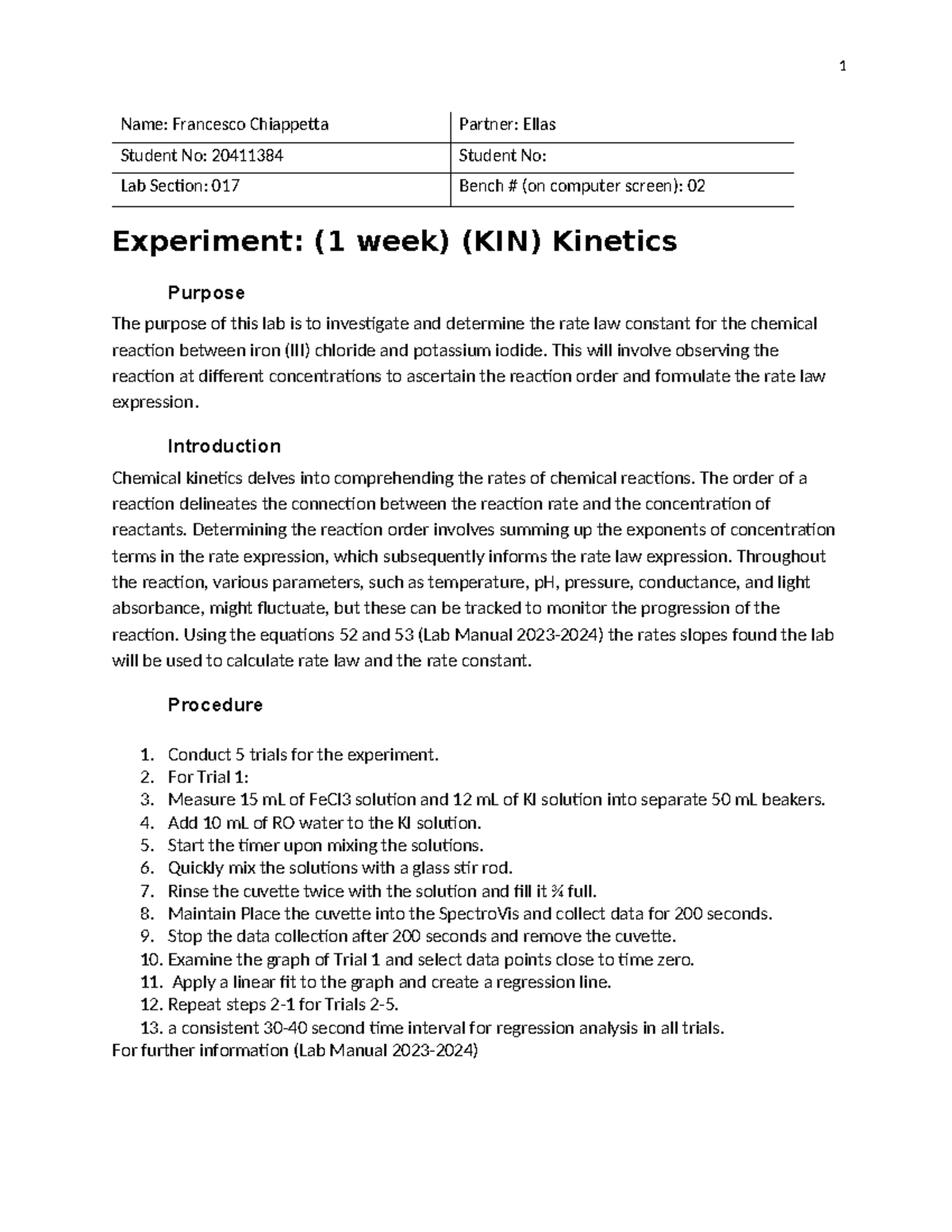Template Kinetics - Chem Lab - Name: Francesco Chiappetta Partner ...