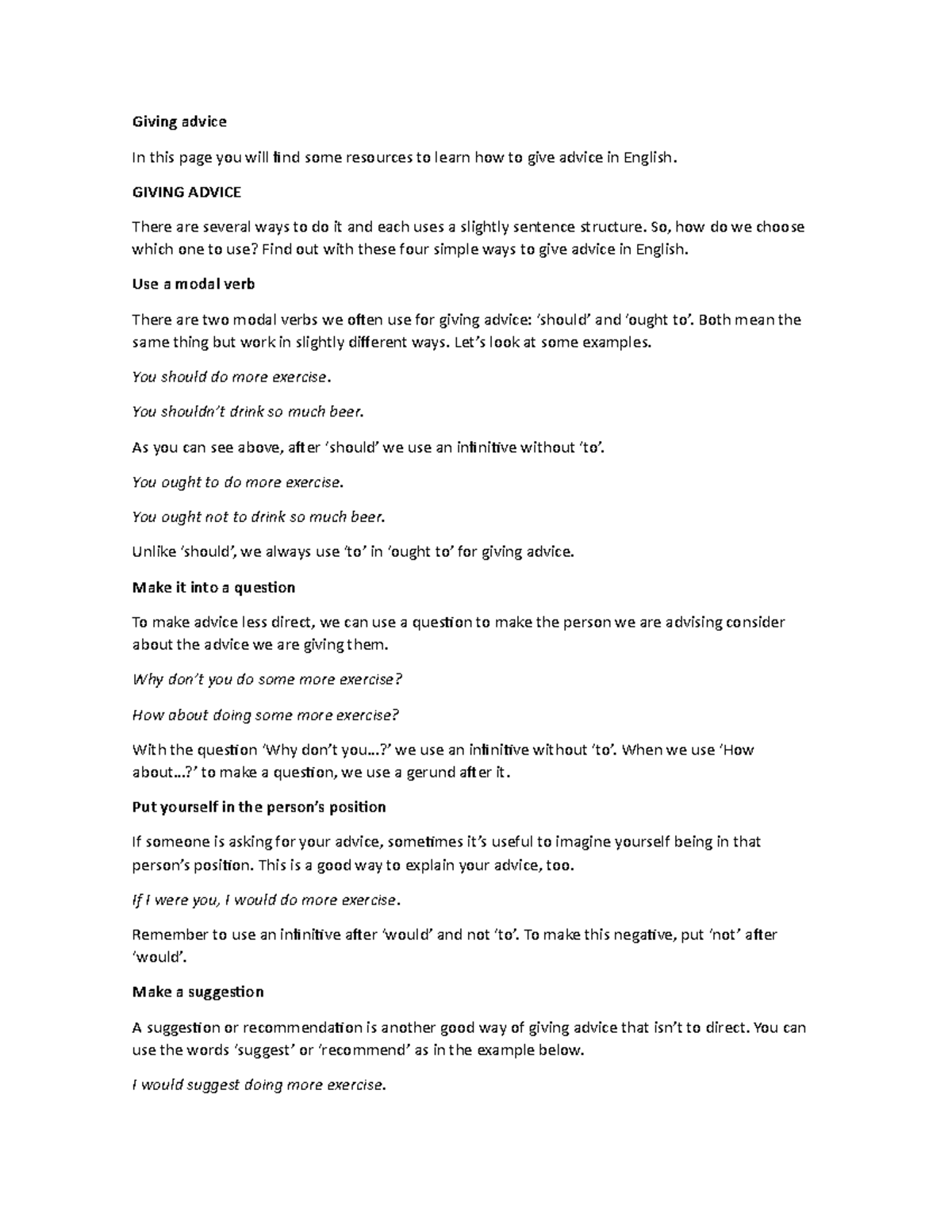 Giving advice - Giving advice In this page you will find some resources ...