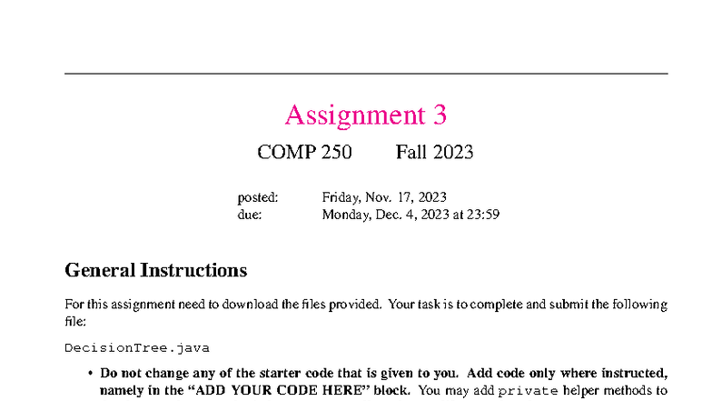 COMP 250 Fall 2023: Decision Tree Assignment 3 Instructions - Studocu