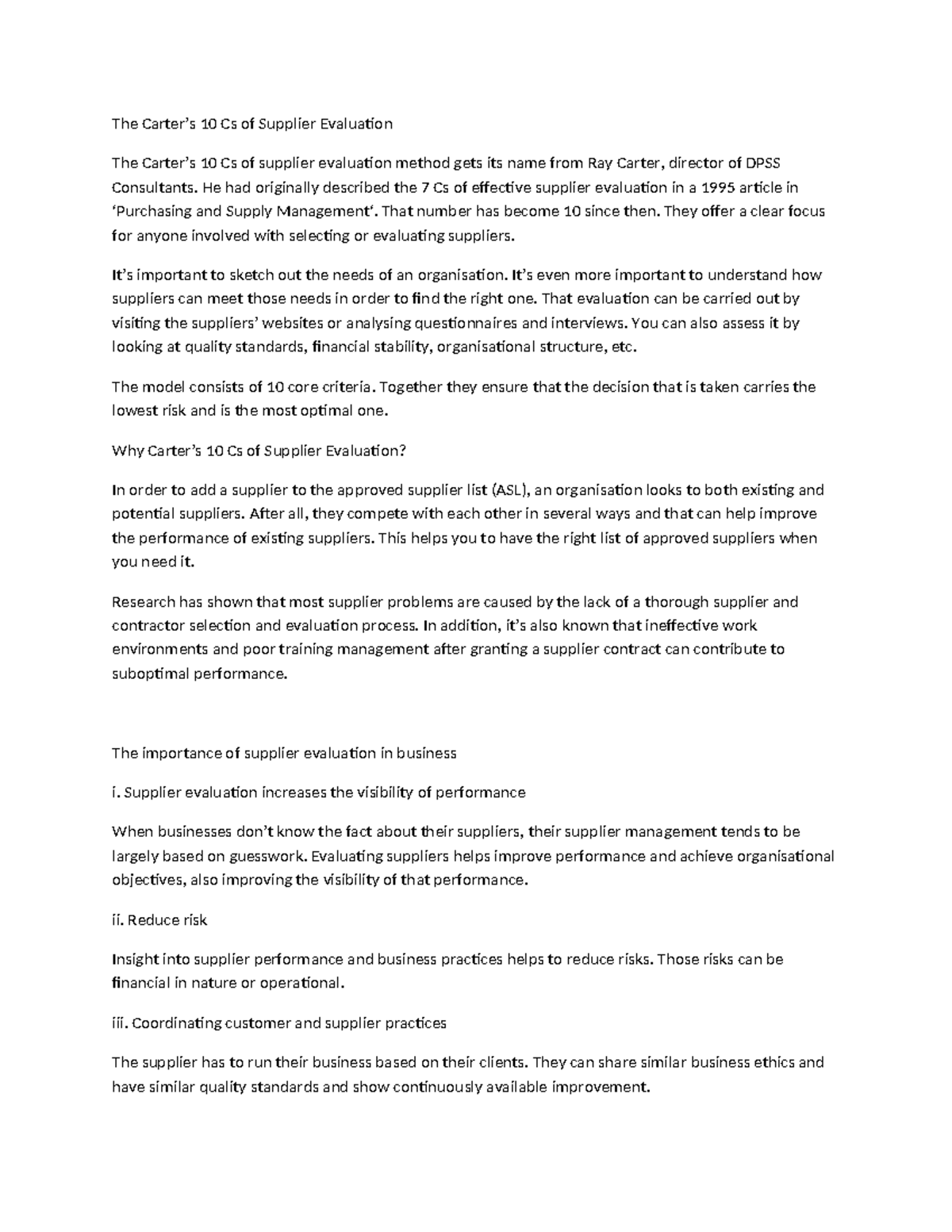 The 10 Cs of Effective Supplier Evaluation: A Comprehensive Guide - Studocu
