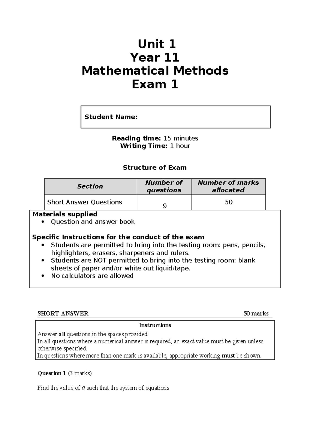 Year 11 Math Methods Unit 1 Exam 1 2023 - Study Guide - Studocu