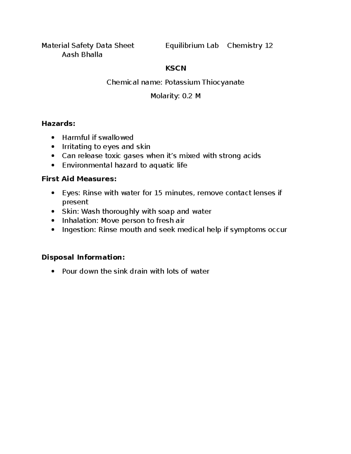 Material Safety Data Sheet for Chemistry 12 Equilibrium Lab - Studocu