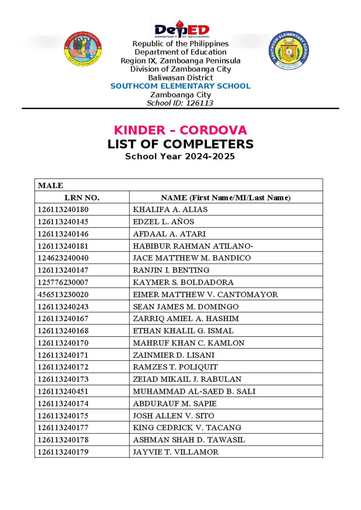 Kinder Alimorong Completers List - School Year 2023-2024 - Studocu