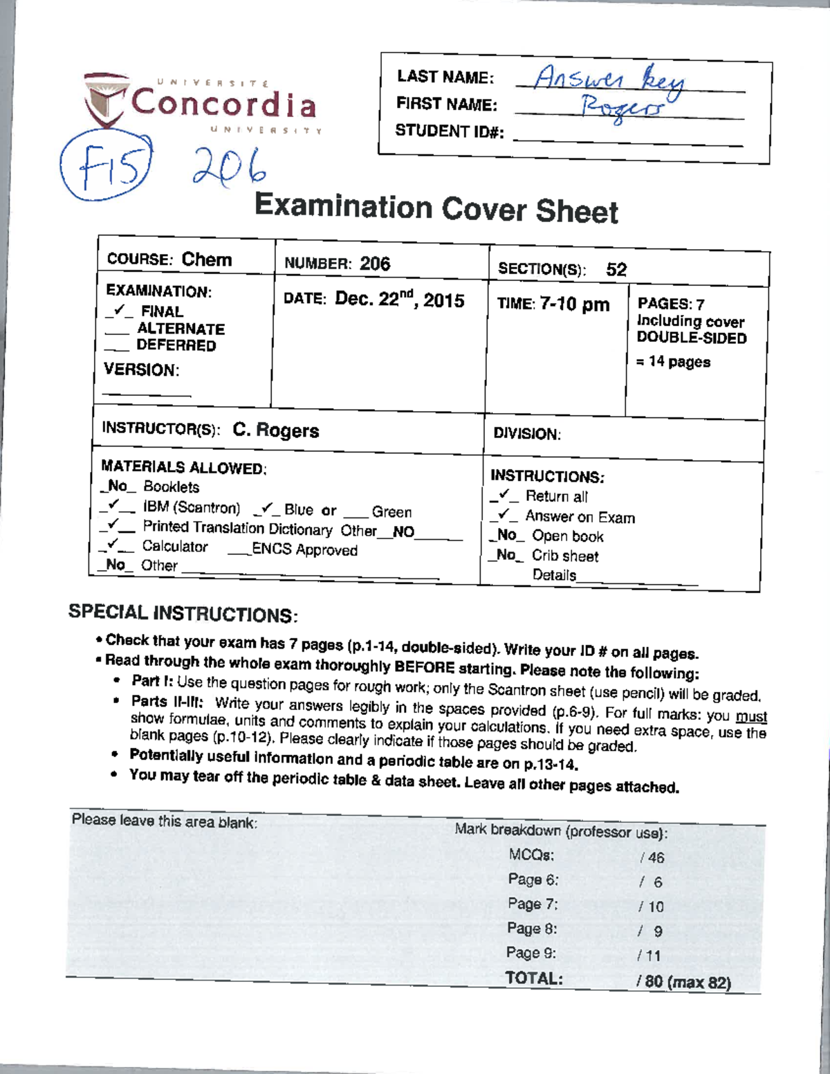 CHEM 206 F2015 Final Exam Solutions - Studocu
