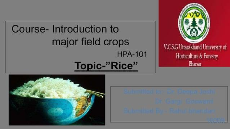 Introduction to Major Field Crops: Rice Production & Cultivation V.CS.G ...
