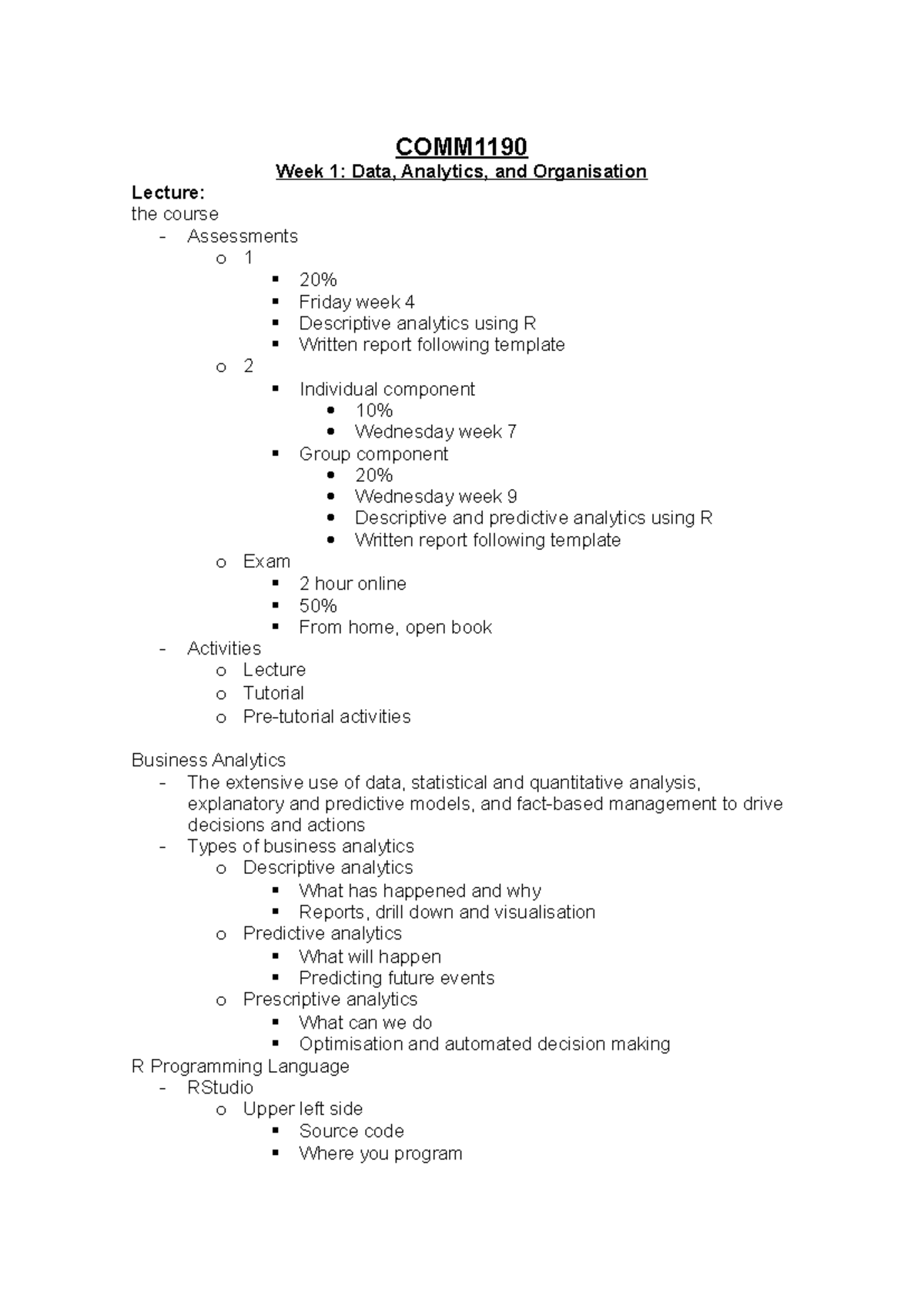 COMM1190 Week 1-3: Data Analytics & R Programming Lecture Notes - Studocu