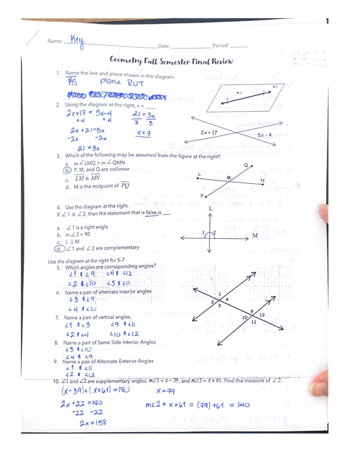 Geometry Test 1 Review Key - Essential Concepts & Solutions - Studocu