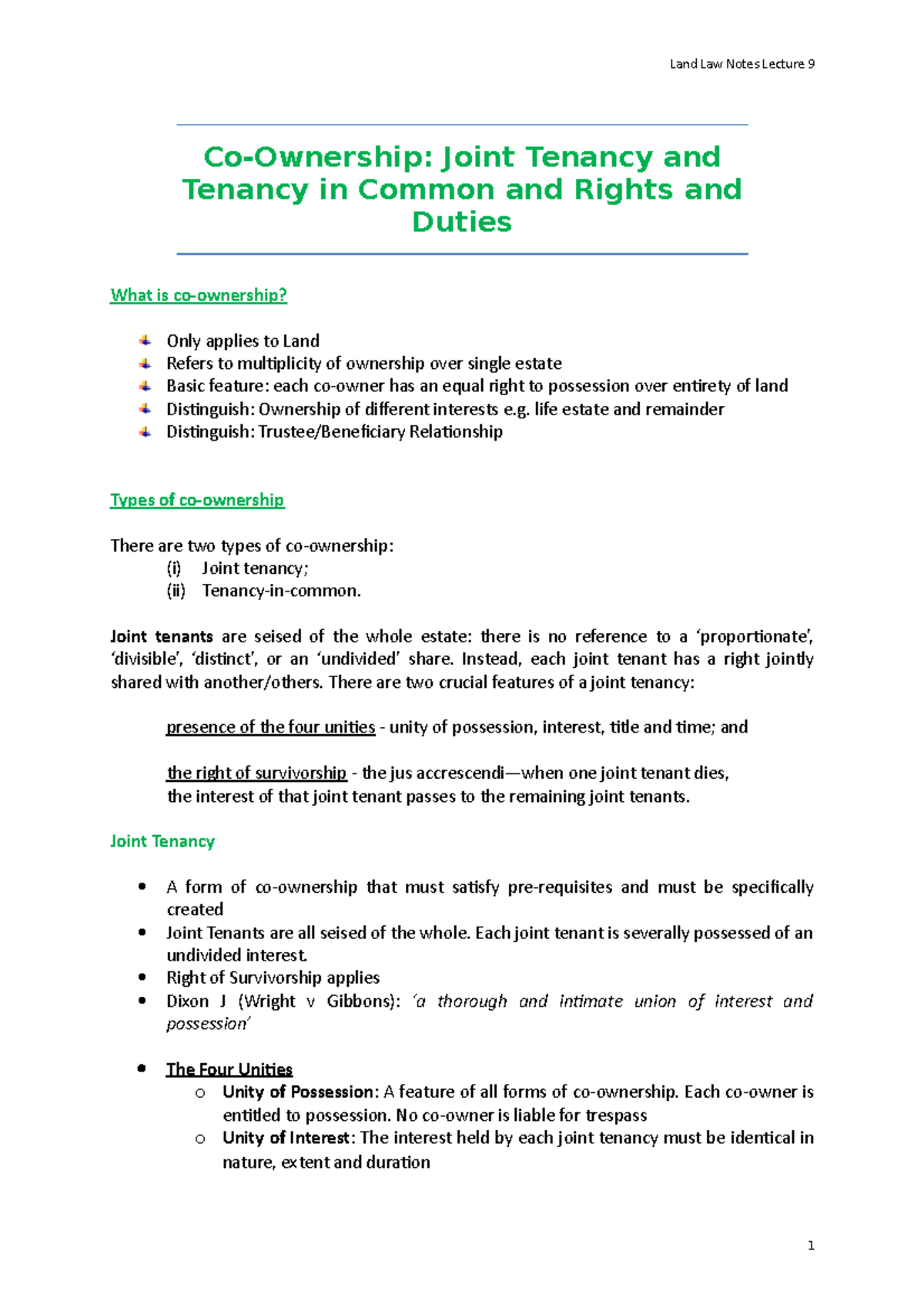 Lecture Notes 9 - Understanding Co-Ownership: Joint Tenancy & Tenancy ...