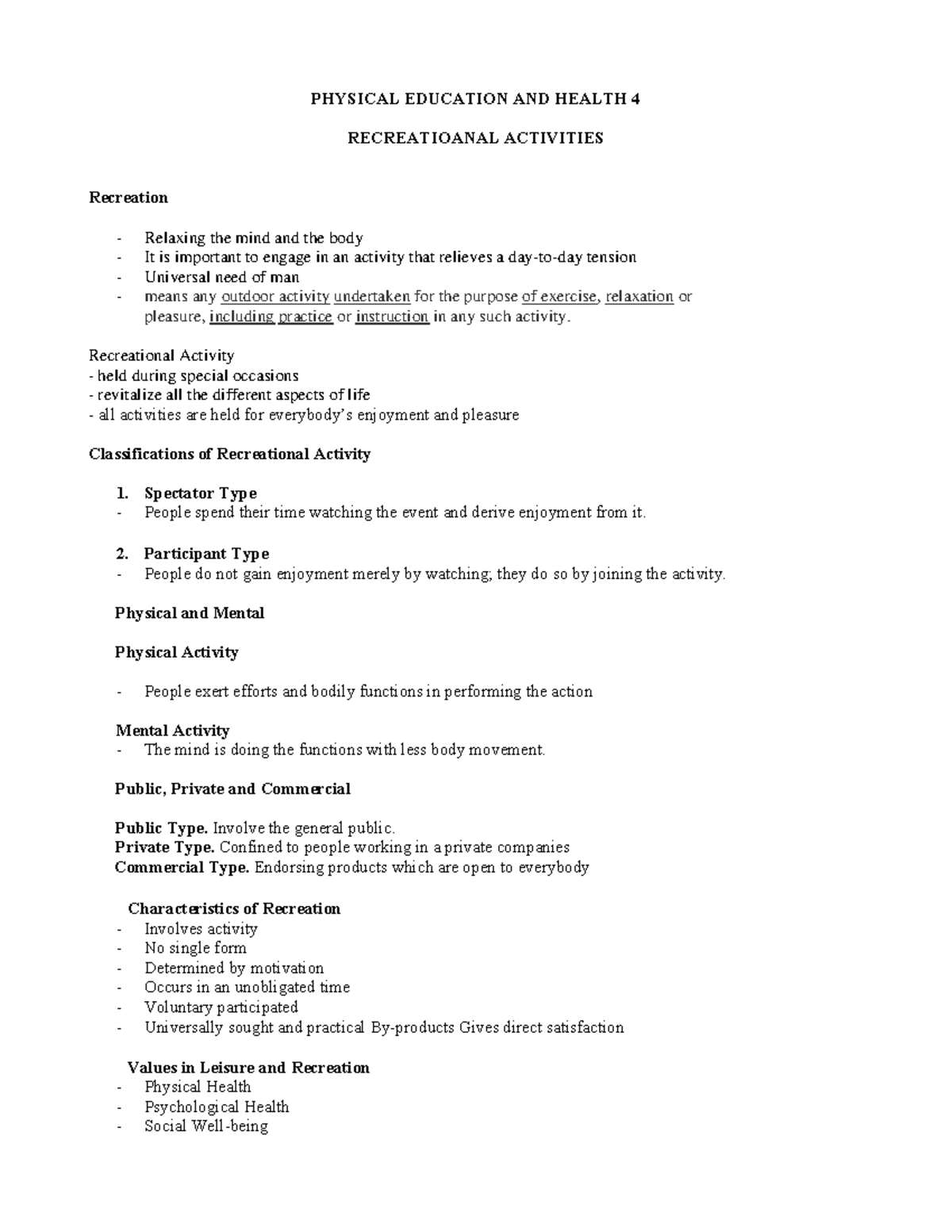 PHYSICAL EDUCATION AND HEALTH 4: Lecture on Recreational Activities ...