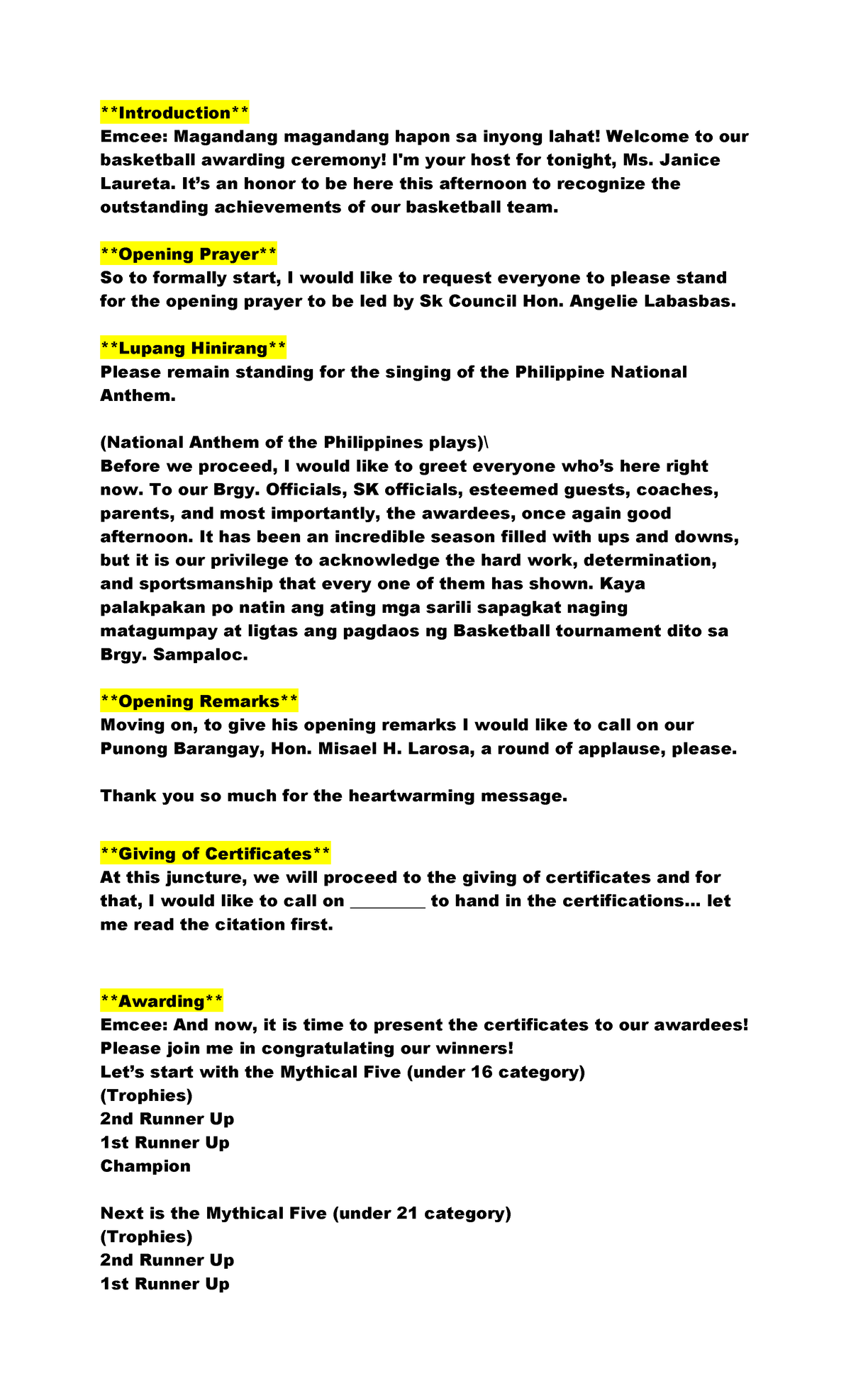 Script MC - Notes for Basketball Awarding Ceremony - Studocu