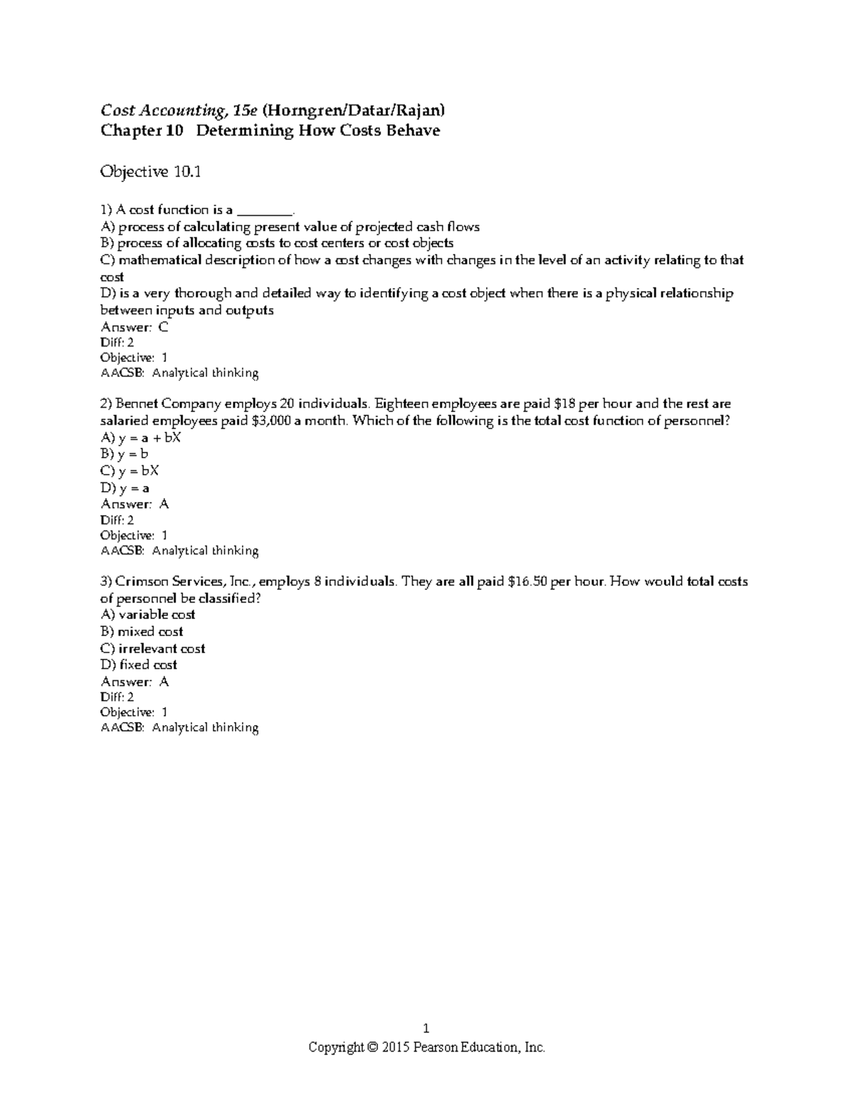 Chapter 10 - Cost Behavior Analysis Test Answers - Studocu