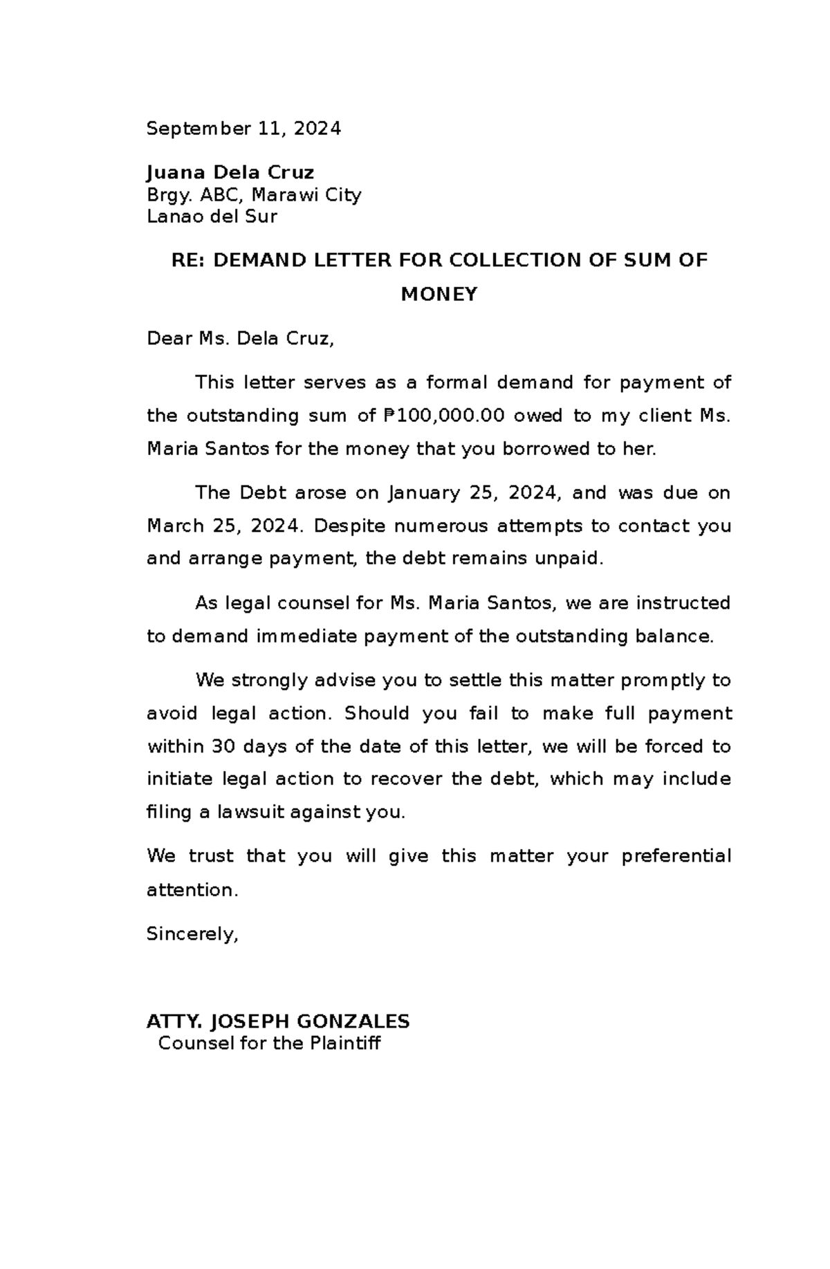 Demand Letter for Collection of Sum of Money - September 11, 2024 Juana ...
