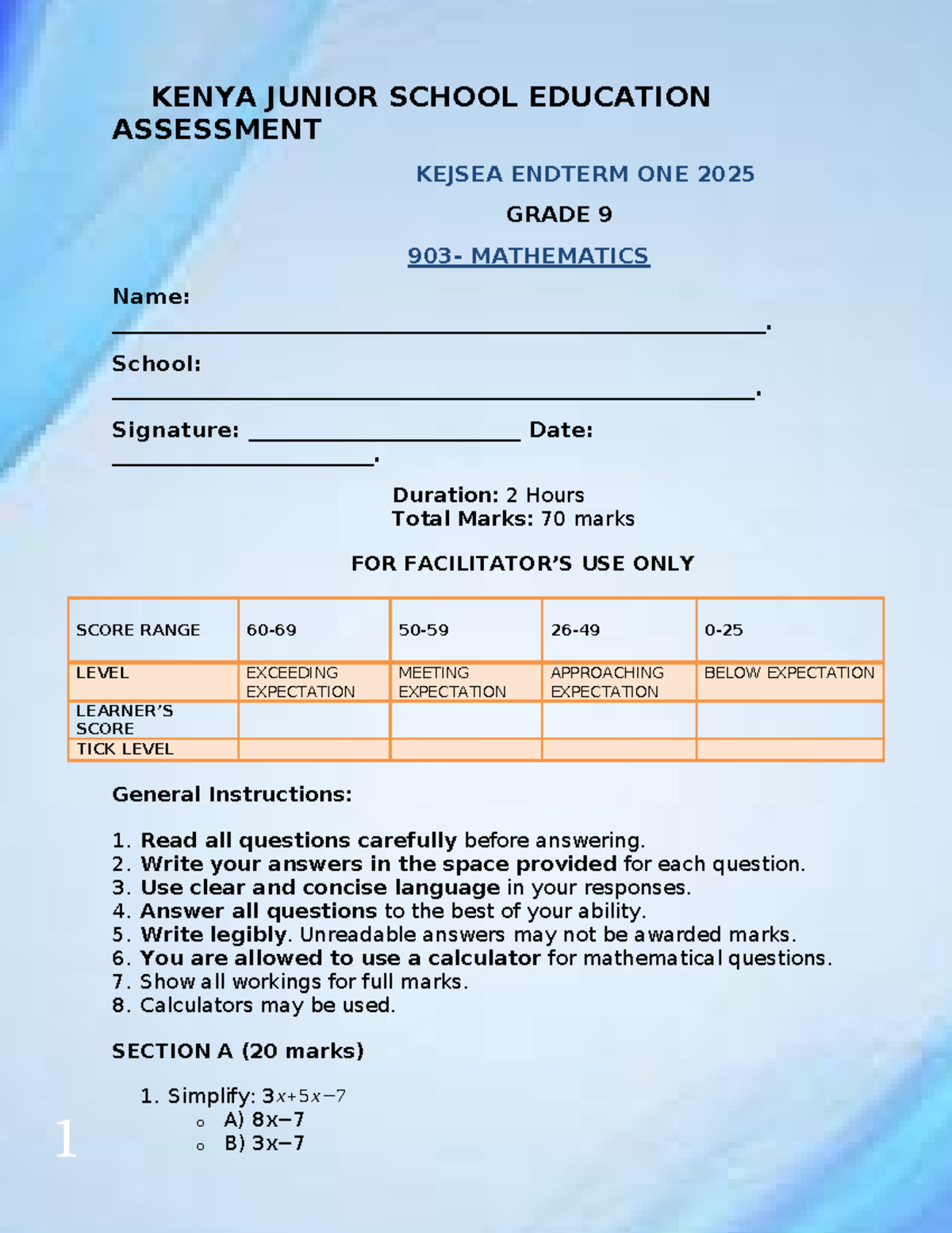 KENYA JUNIOR SCHOOL EDUCATION ASSESSMENT KEJSEA GRADE 9 MATH ENDTERM ...
