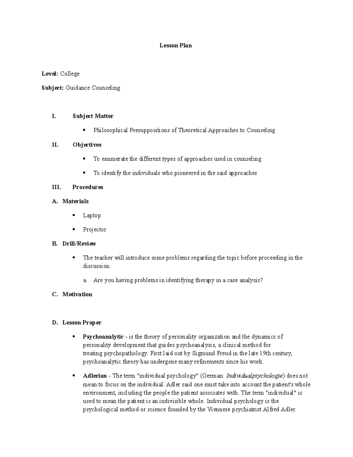 Lesson Plan Guide for Counseling Approaches - Guidance Counseling - Studocu
